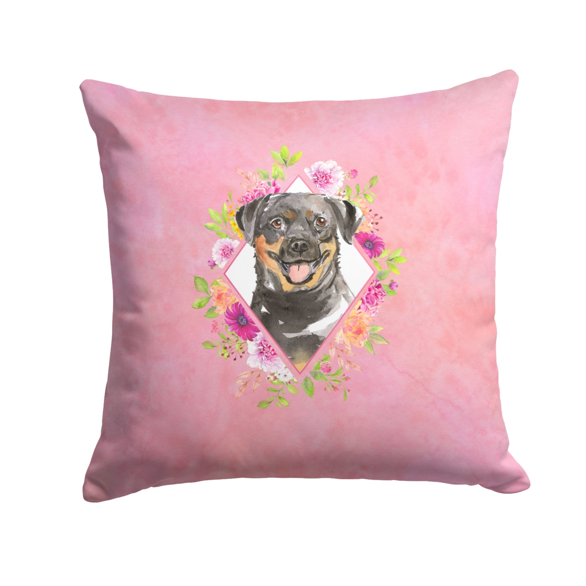 Rottweiler Pink Flowers Fabric Decorative Pillow