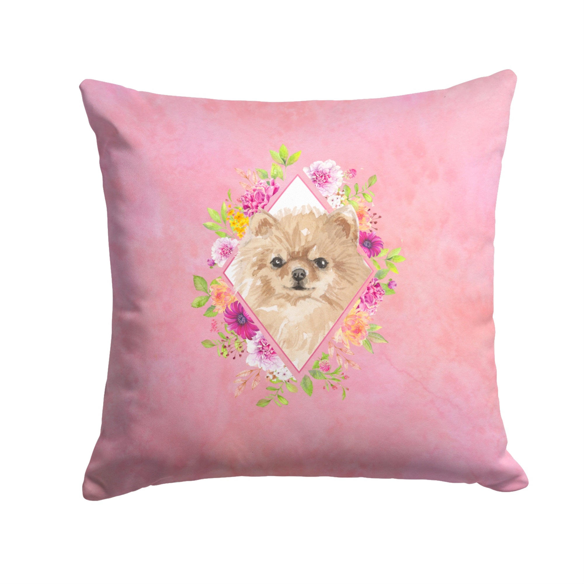 Pomeranian Pink Flowers Fabric Decorative Pillow