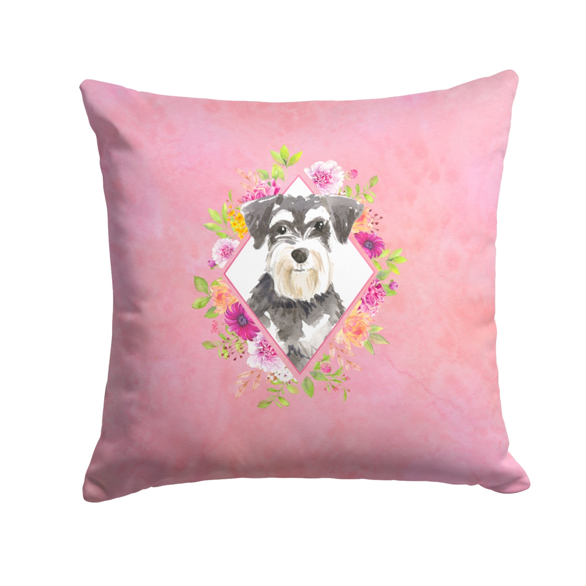 Schnauzer #2 Pink Flowers Fabric Decorative Pillow