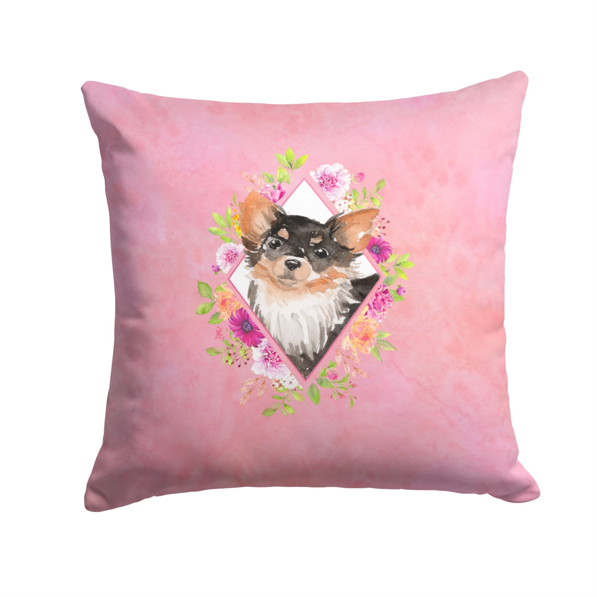 Longhaired Chihuahua Pink Flowers Fabric Decorative Pillow