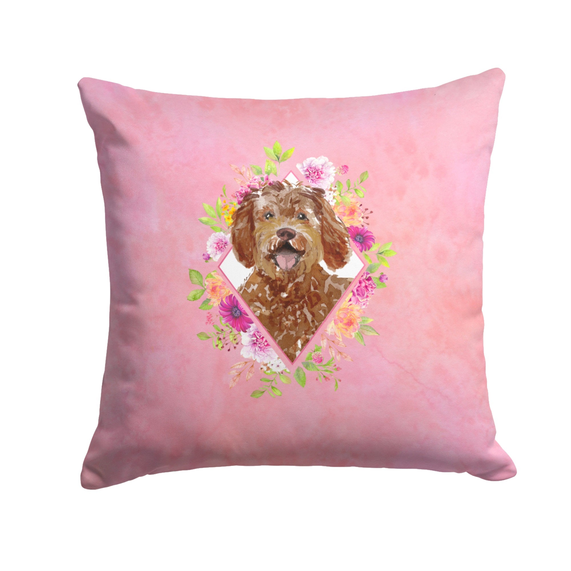 Labradoodle Pink Flowers Fabric Decorative Pillow