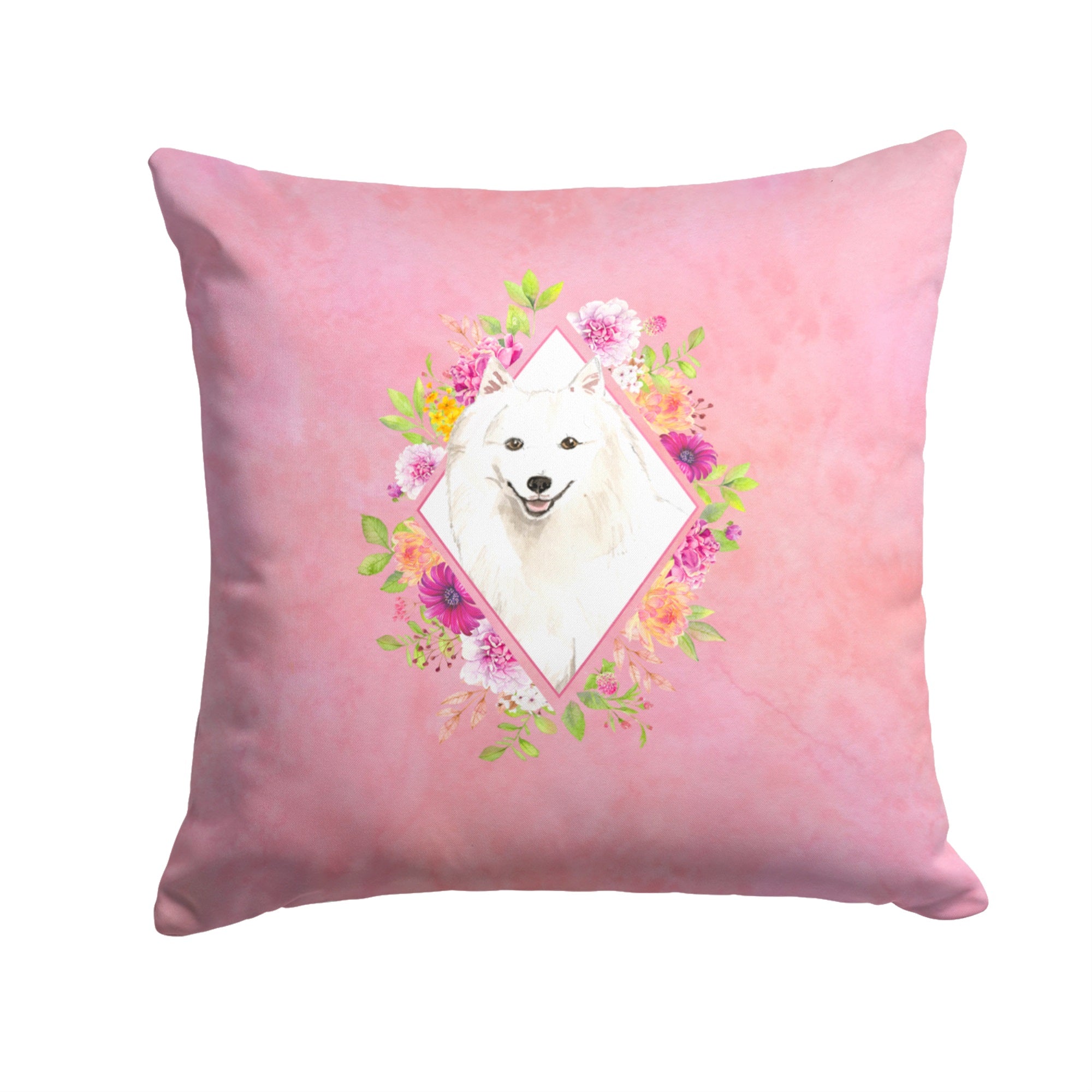 Japanese Spitz Pink Flowers Fabric Decorative Pillow
