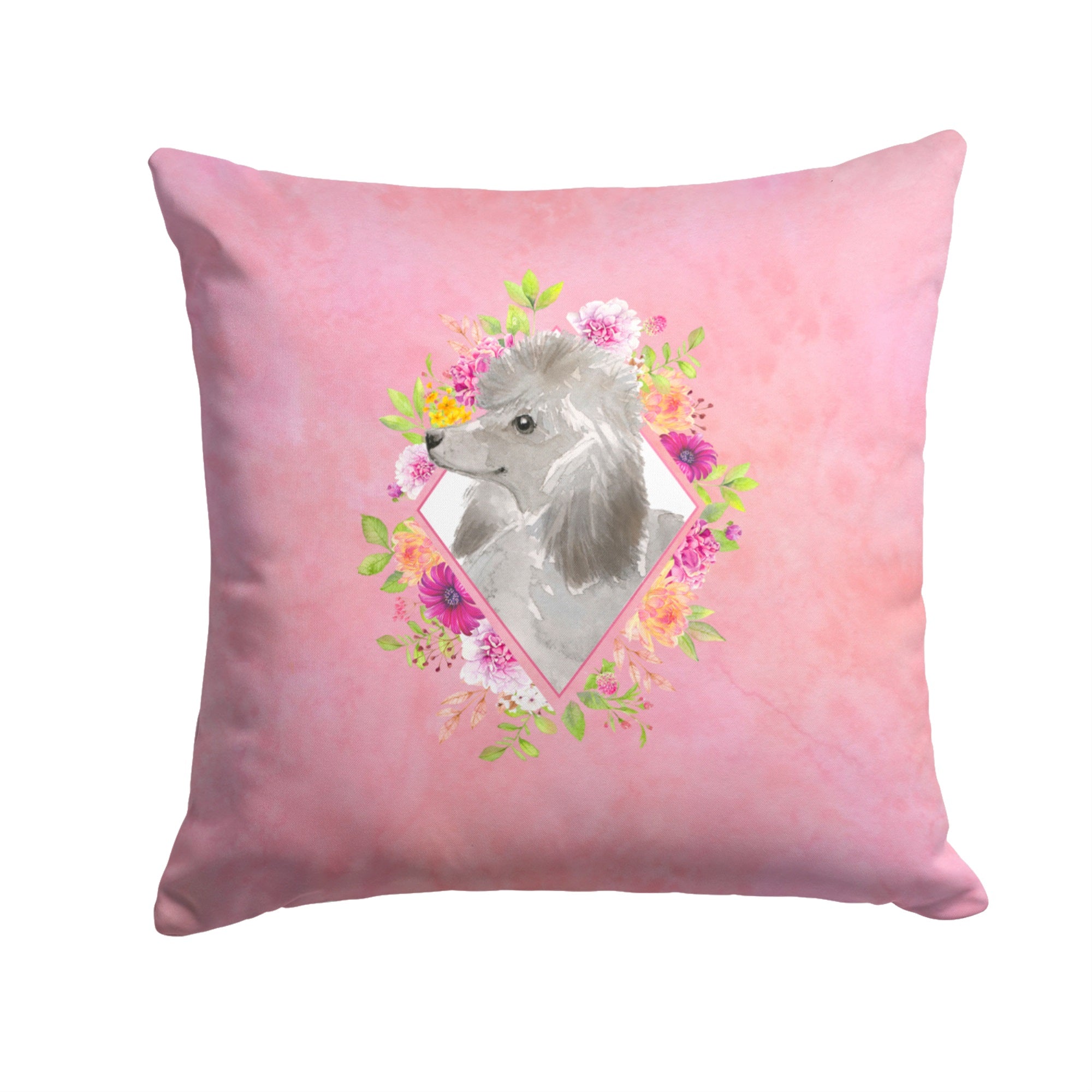 Grey Standard Poodle Pink Flowers Fabric Decorative Pillow