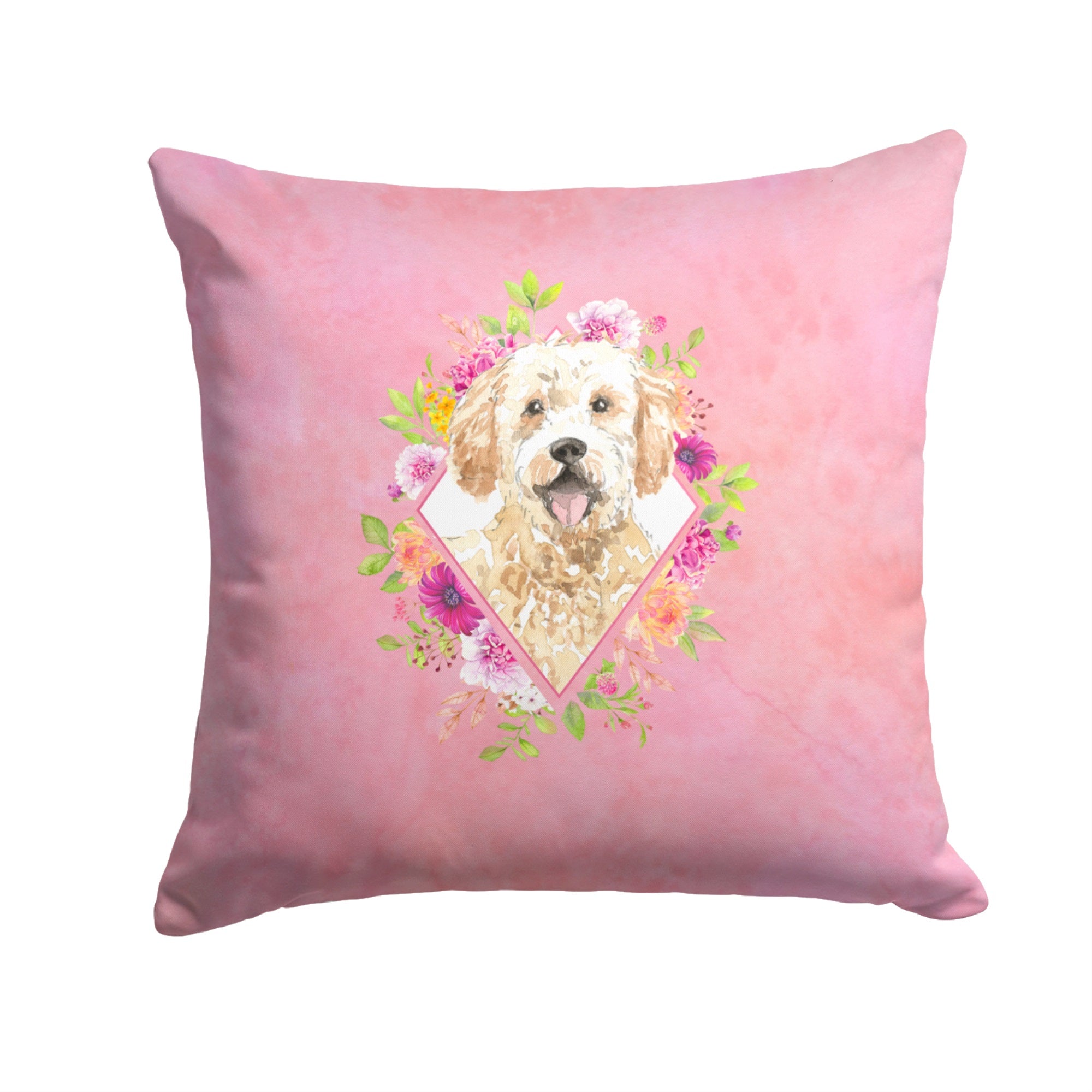Goldendoodle Pink Flowers Fabric Decorative Pillow