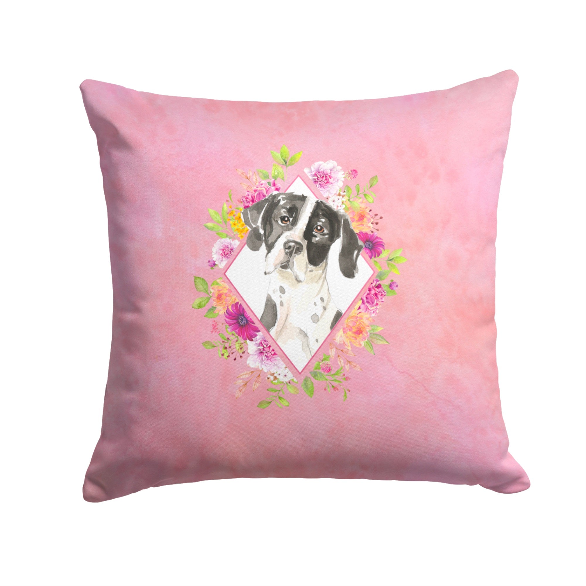 English Pointer Pink Flowers Fabric Decorative Pillow