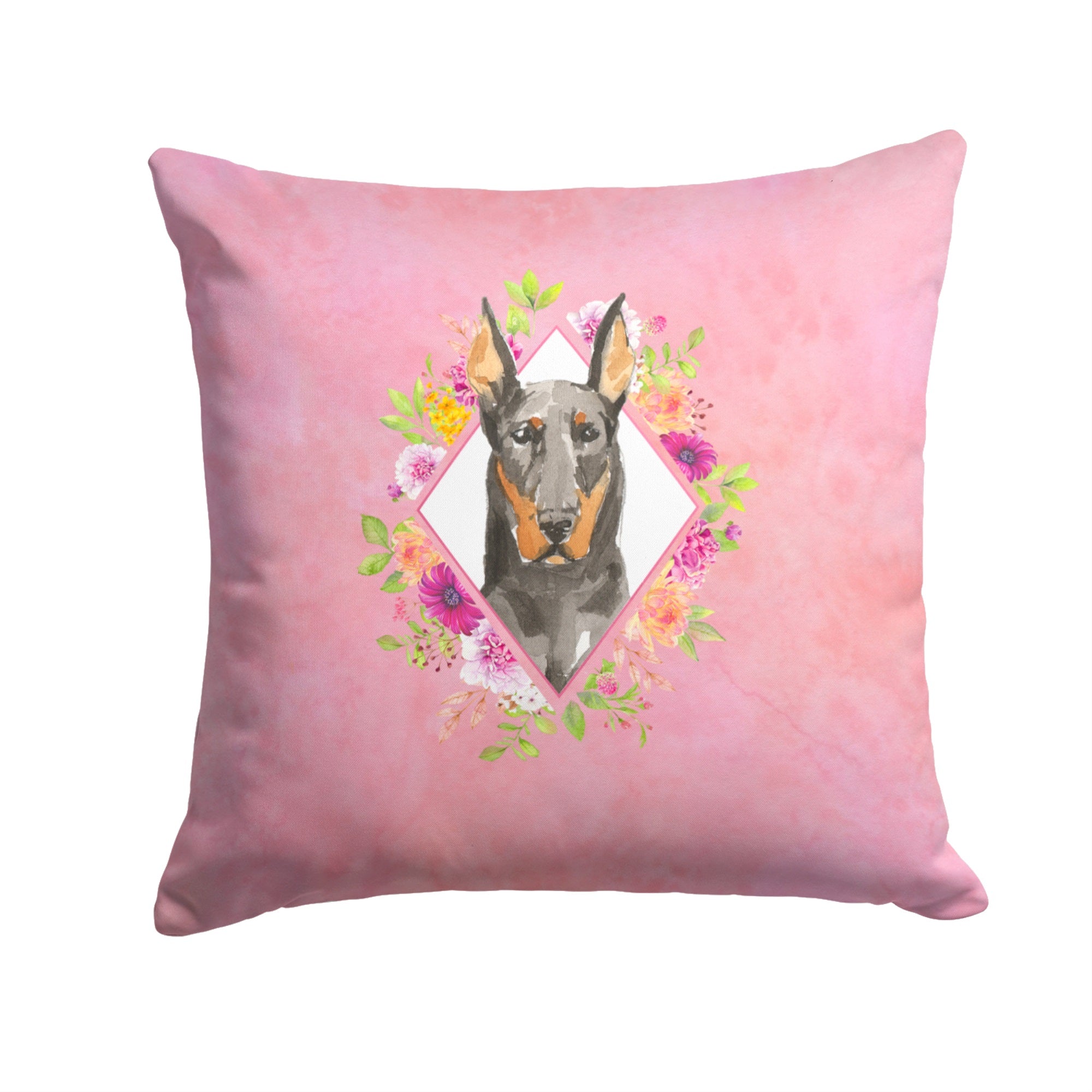 Doberman Pinsher Pink Flowers Fabric Decorative Pillow