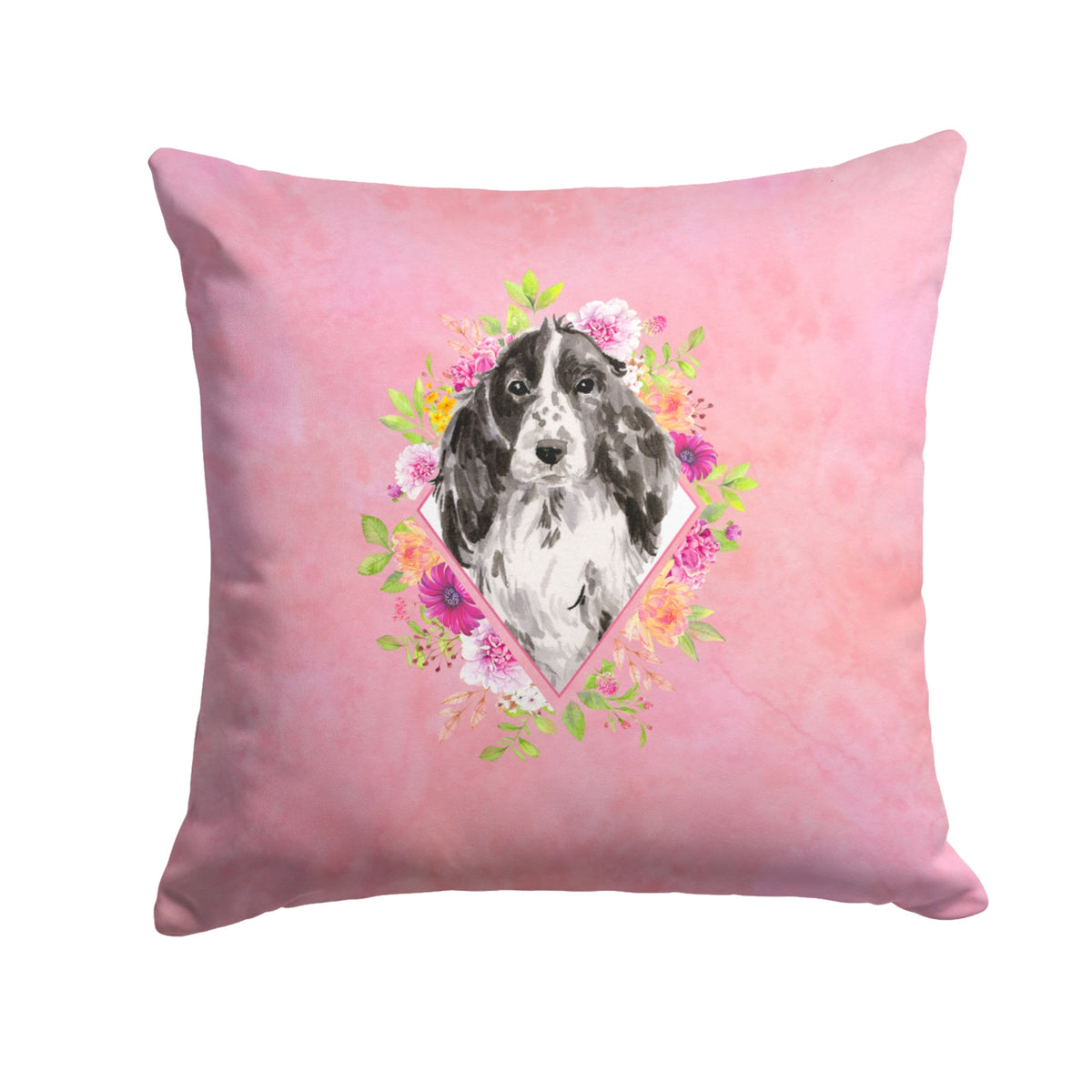 Black Parti Cocker Spaniel Pink Flowers Fabric Decorative Pillow