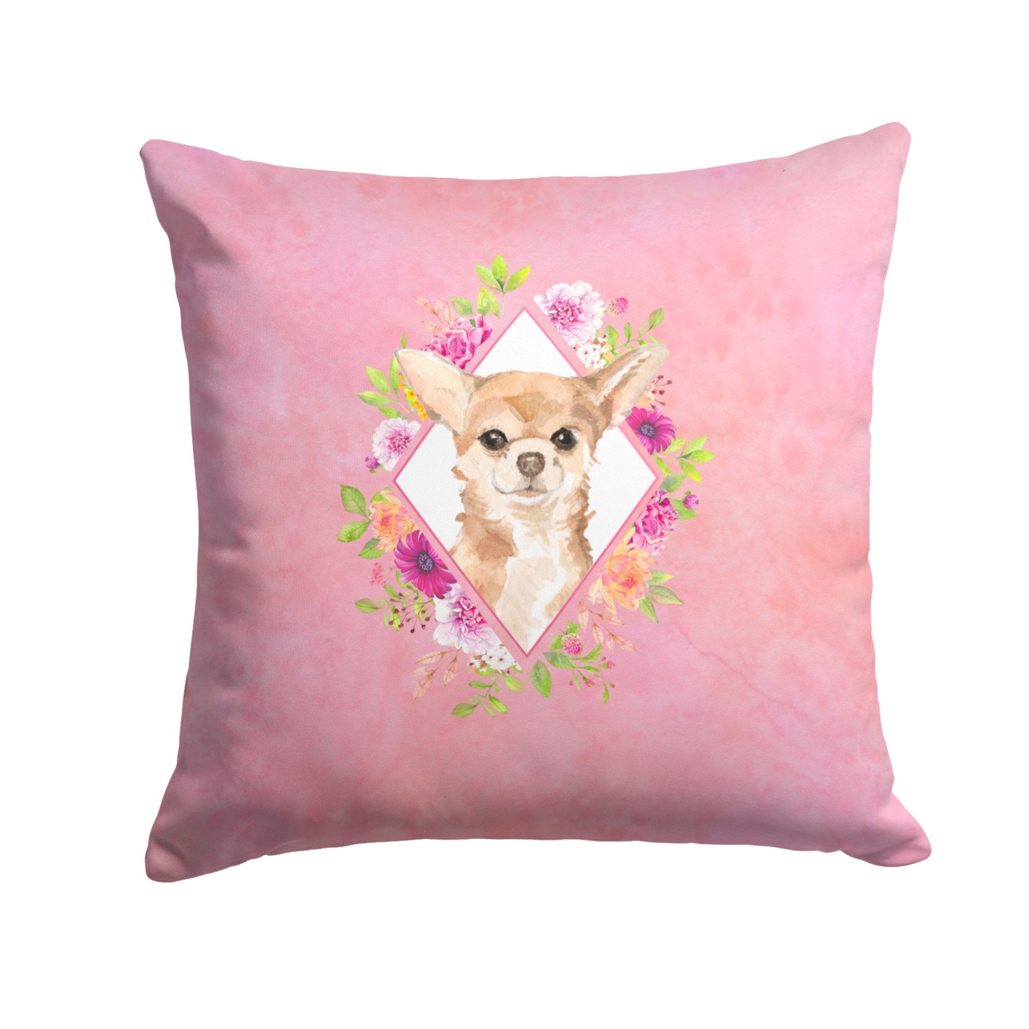 Chihuahua Pink Flowers Fabric Decorative Pillow