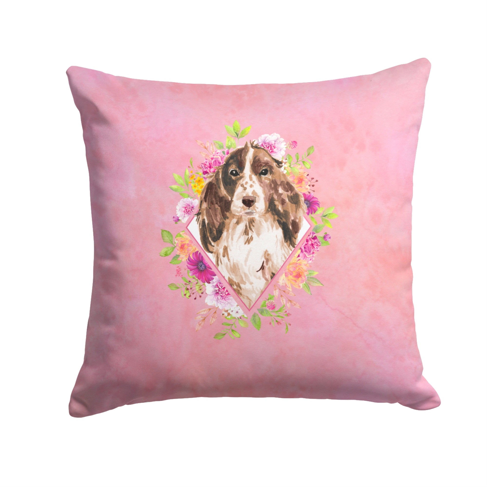 Brown Parti Cocker Spaniel Pink Flowers Fabric Decorative Pillow