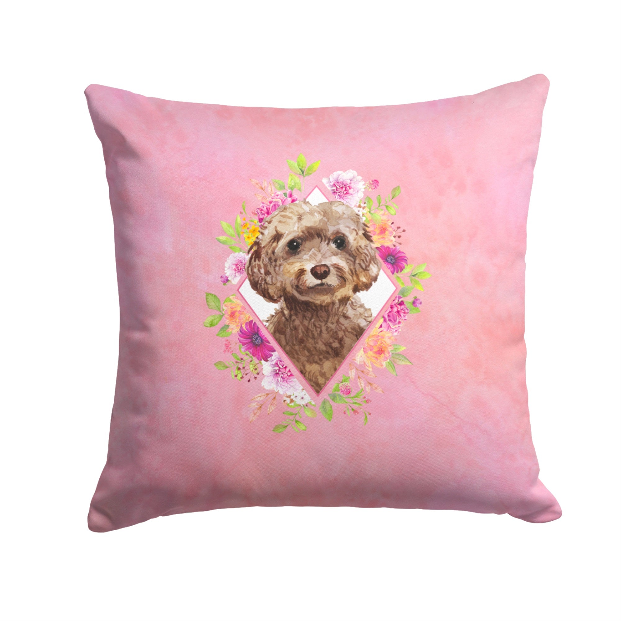 Chocolate Cockapoo Pink Flowers Fabric Decorative Pillow