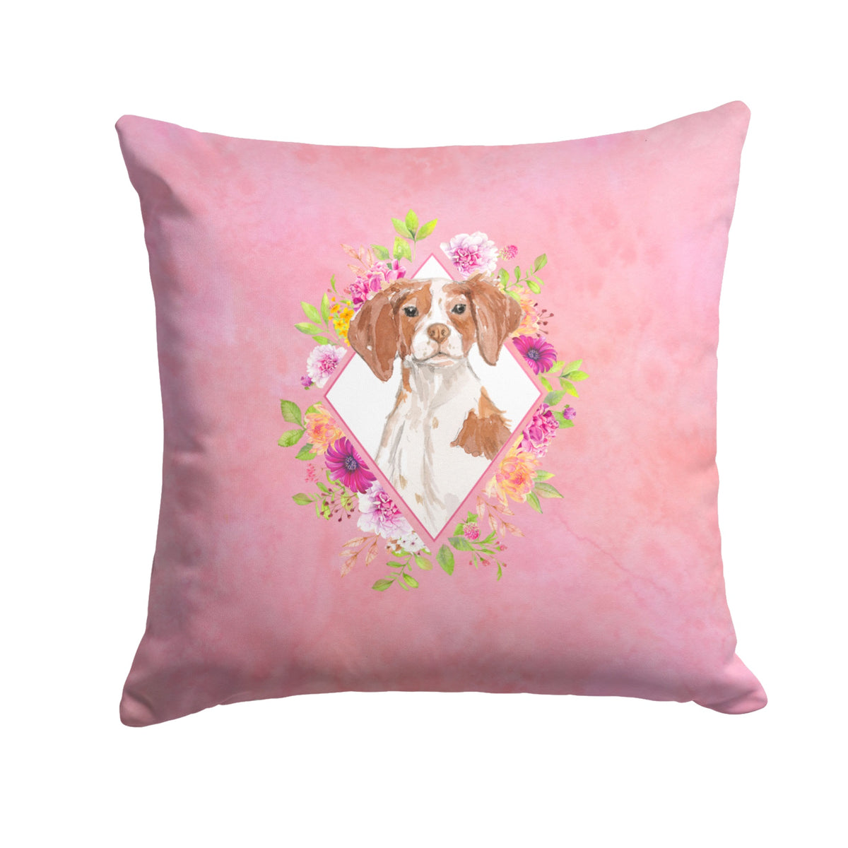 Brittany Spaniel Pink Flowers Fabric Decorative Pillow