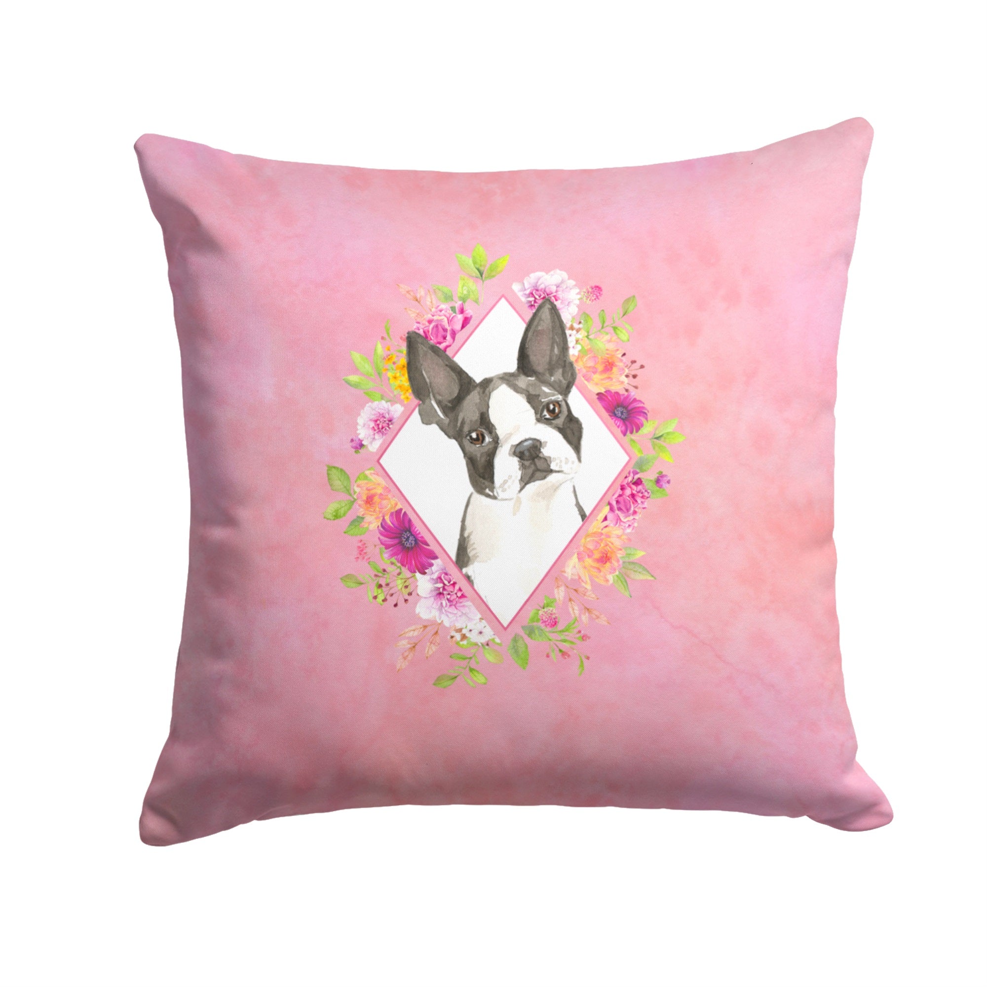 Boston Terrier Pink Flowers Fabric Decorative Pillow