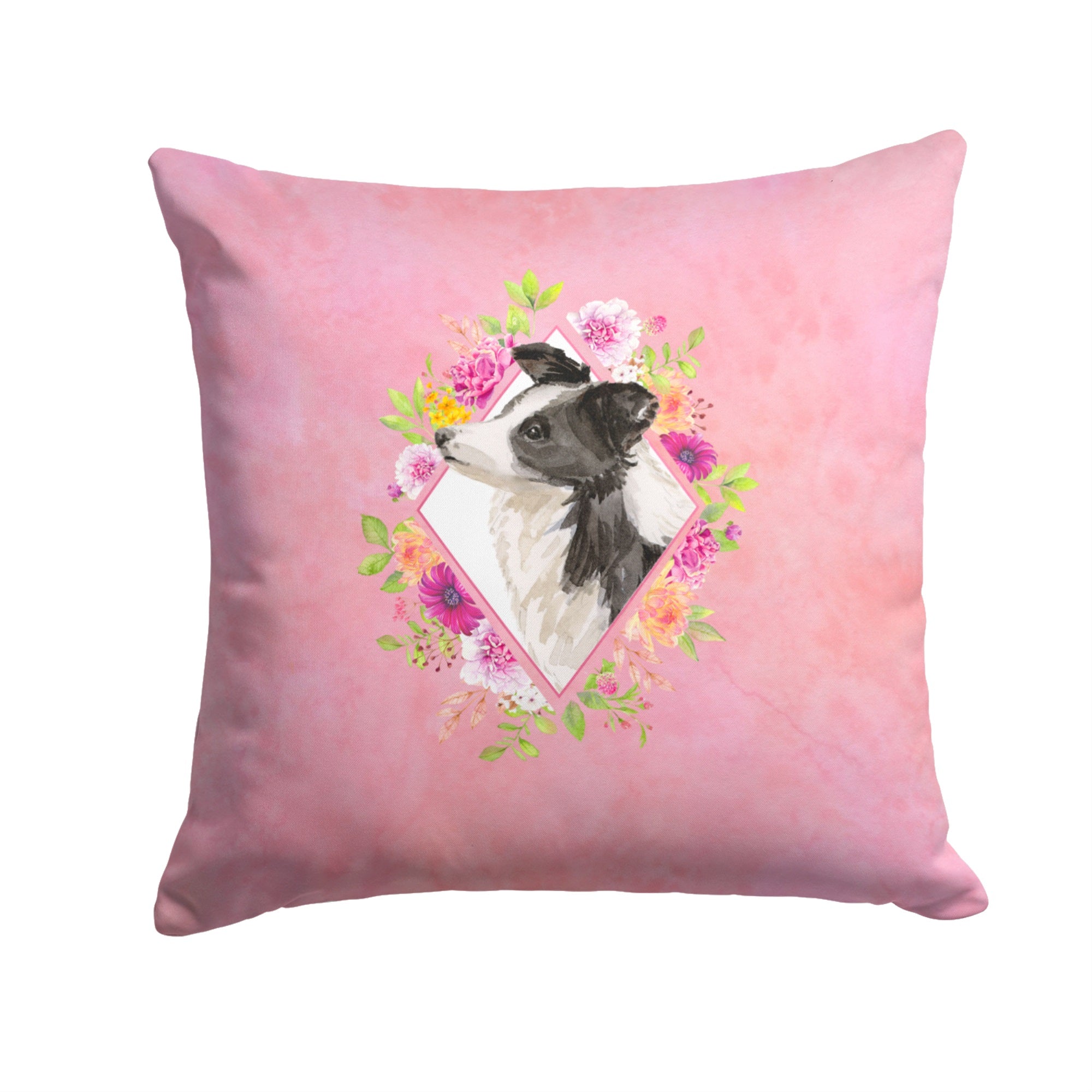 Border Collie Pink Flowers Fabric Decorative Pillow