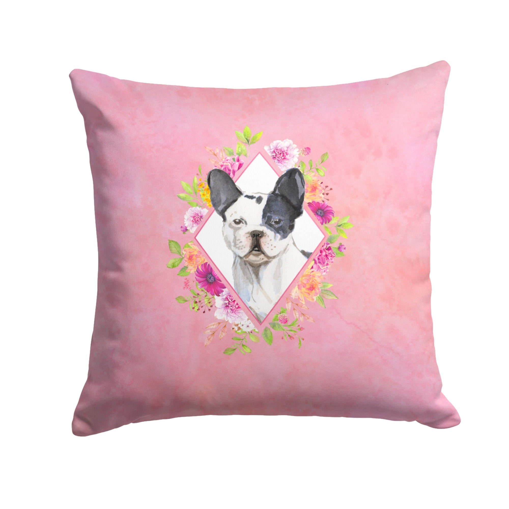 Black And White Frenchie Pink Flowers Fabric Decorative Pillow