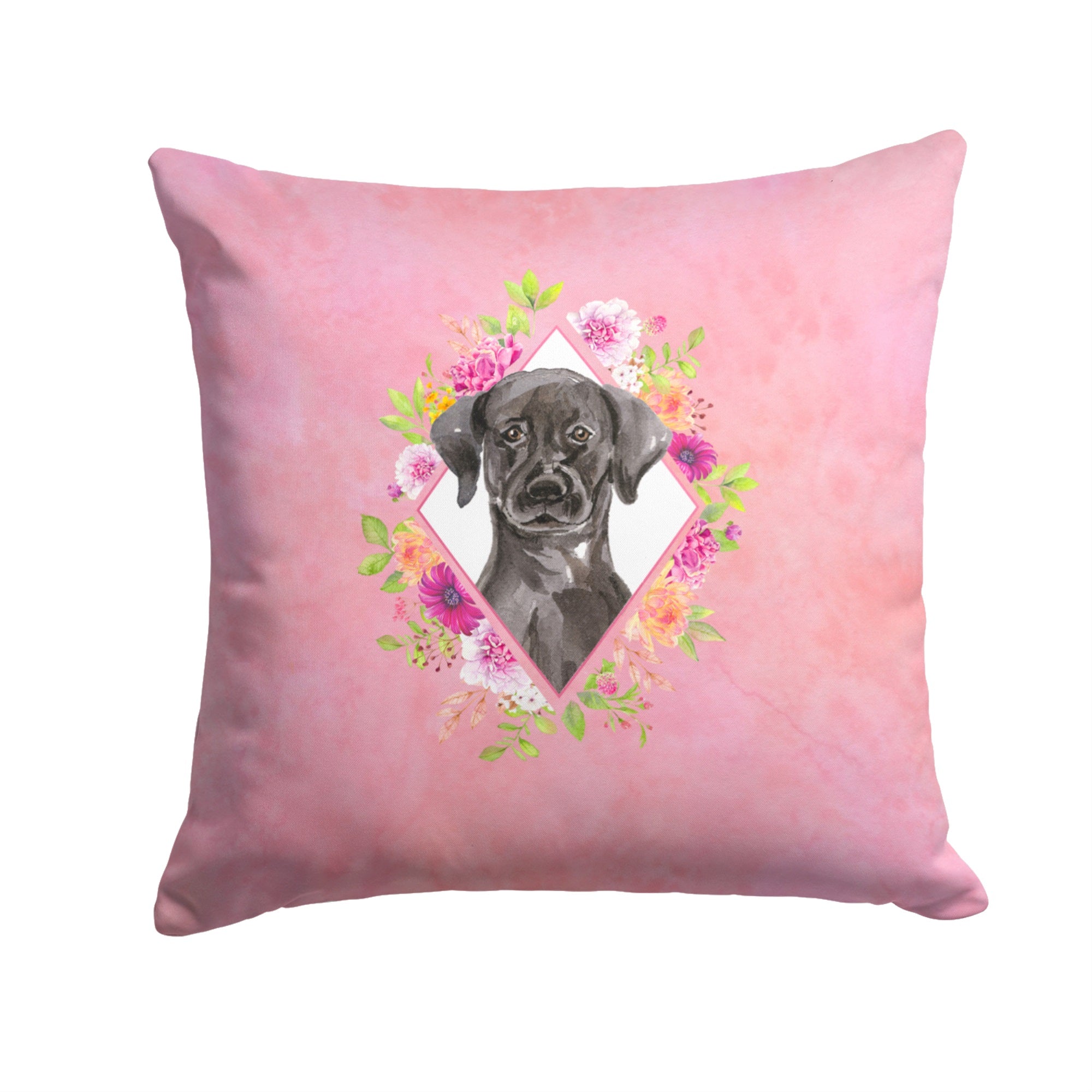 Black Labrador Pink Flowers Fabric Decorative Pillow