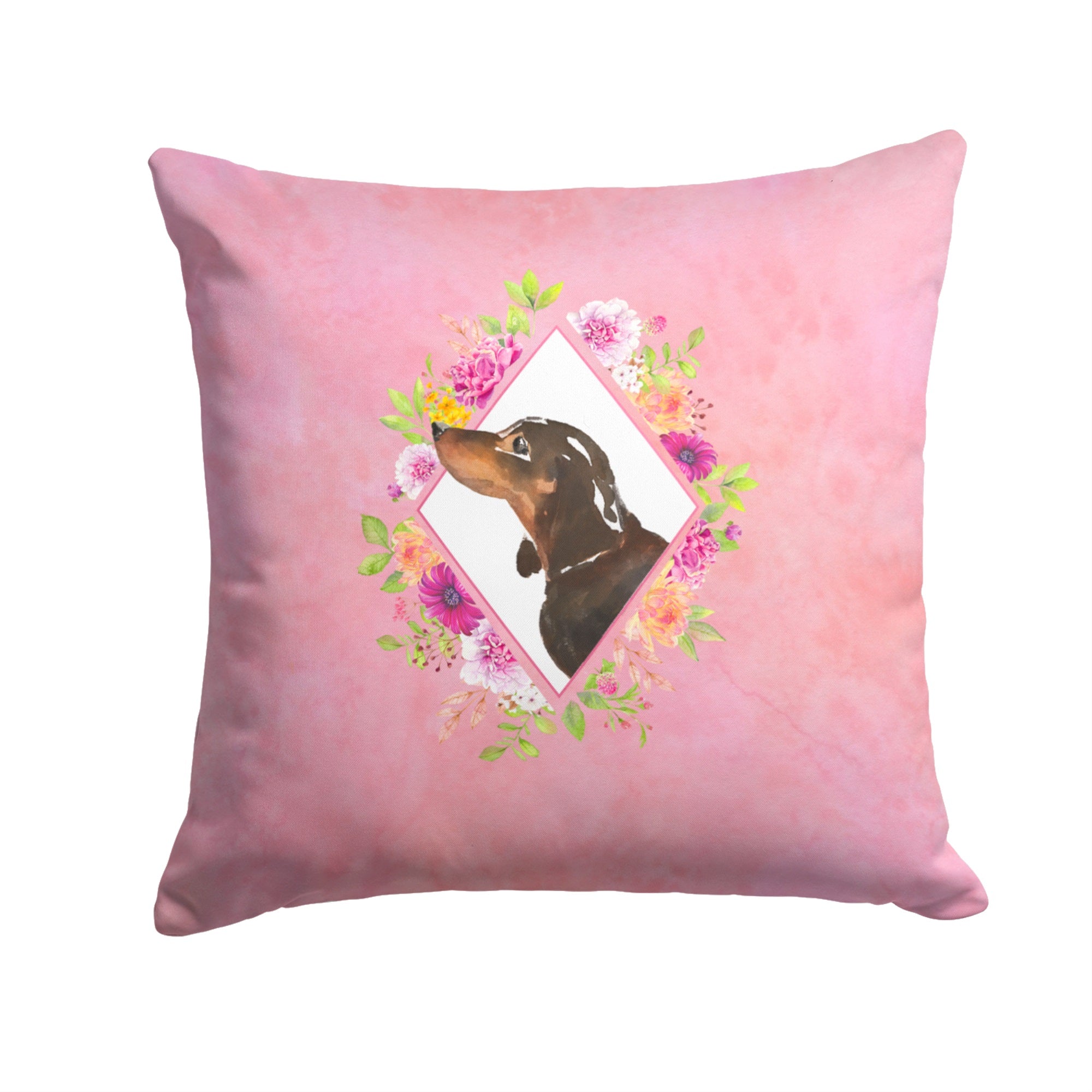 Black And Tan Dachshund Pink Flowers Fabric Decorative Pillow