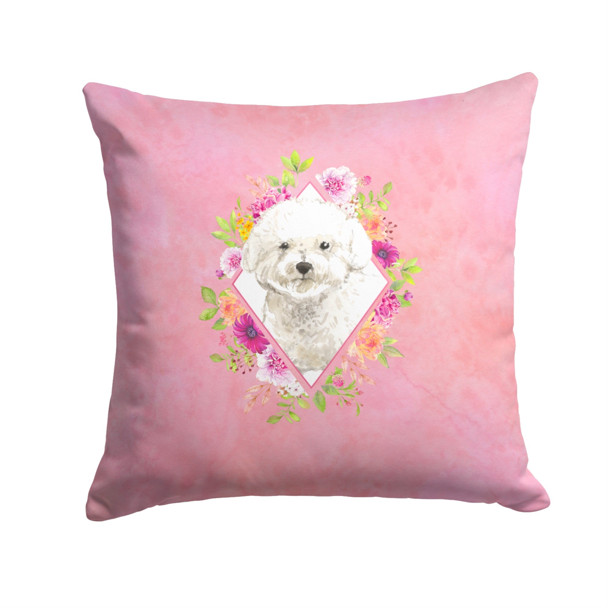 Bichon Frise Pink Flowers Fabric Decorative Pillow