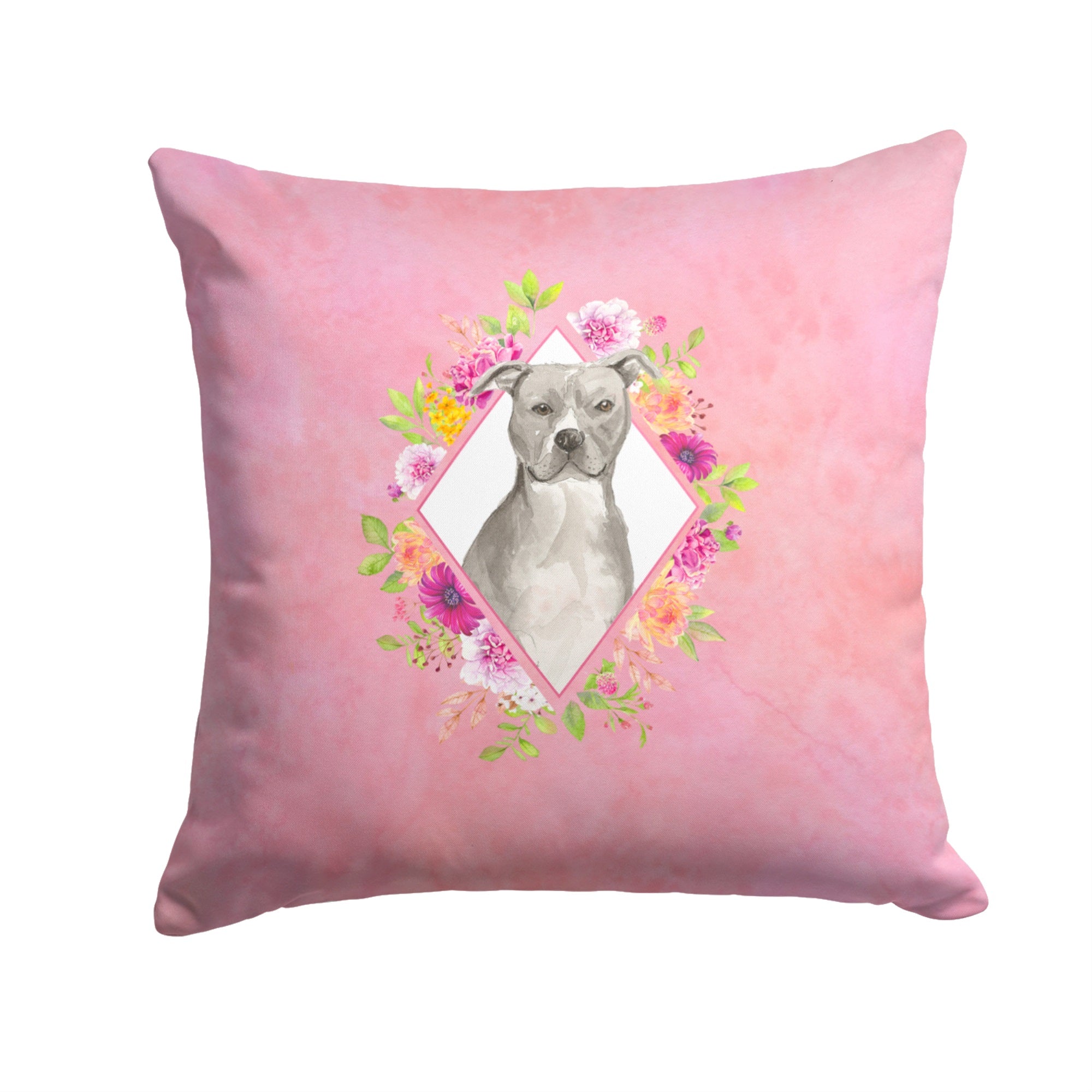 Blue Pit Bull Terrier Pink Flowers Fabric Decorative Pillow