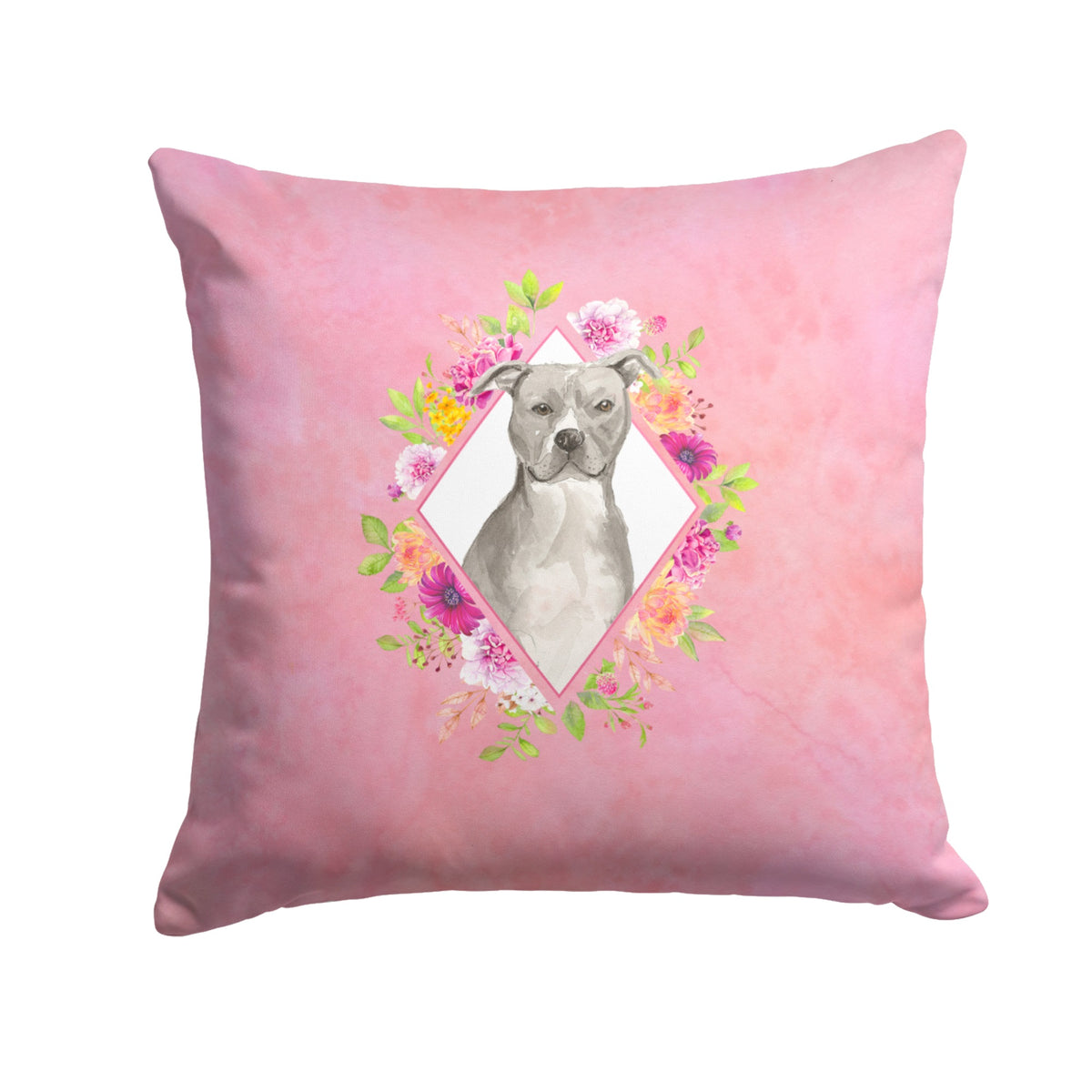 Blue Pit Bull Terrier Pink Flowers Fabric Decorative Pillow