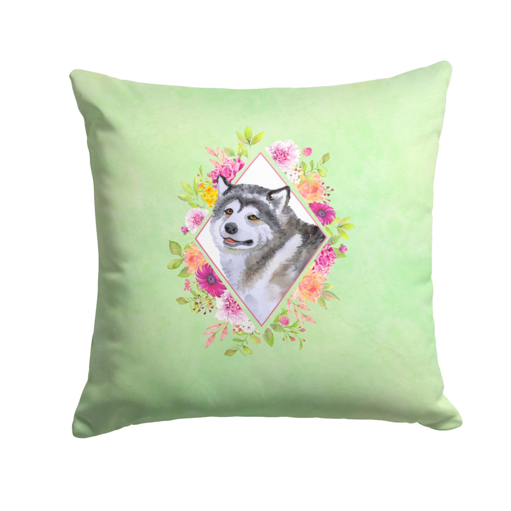 Alaskan Malamute Green Flowers Fabric Decorative Pillow