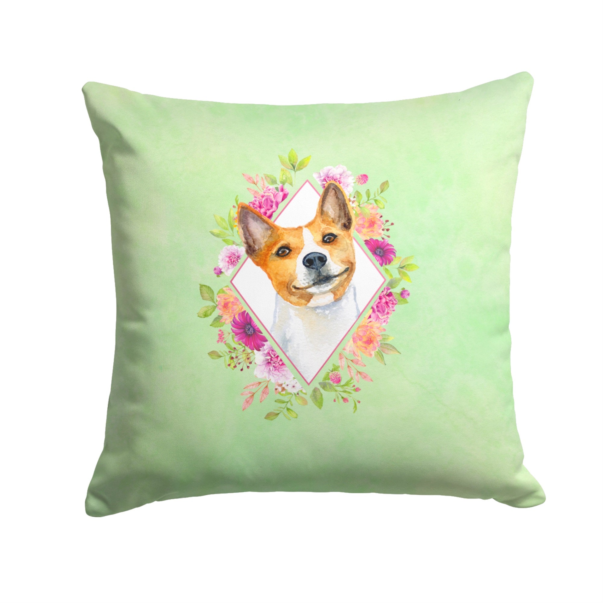 Basenji Green Flowers Fabric Decorative Pillow