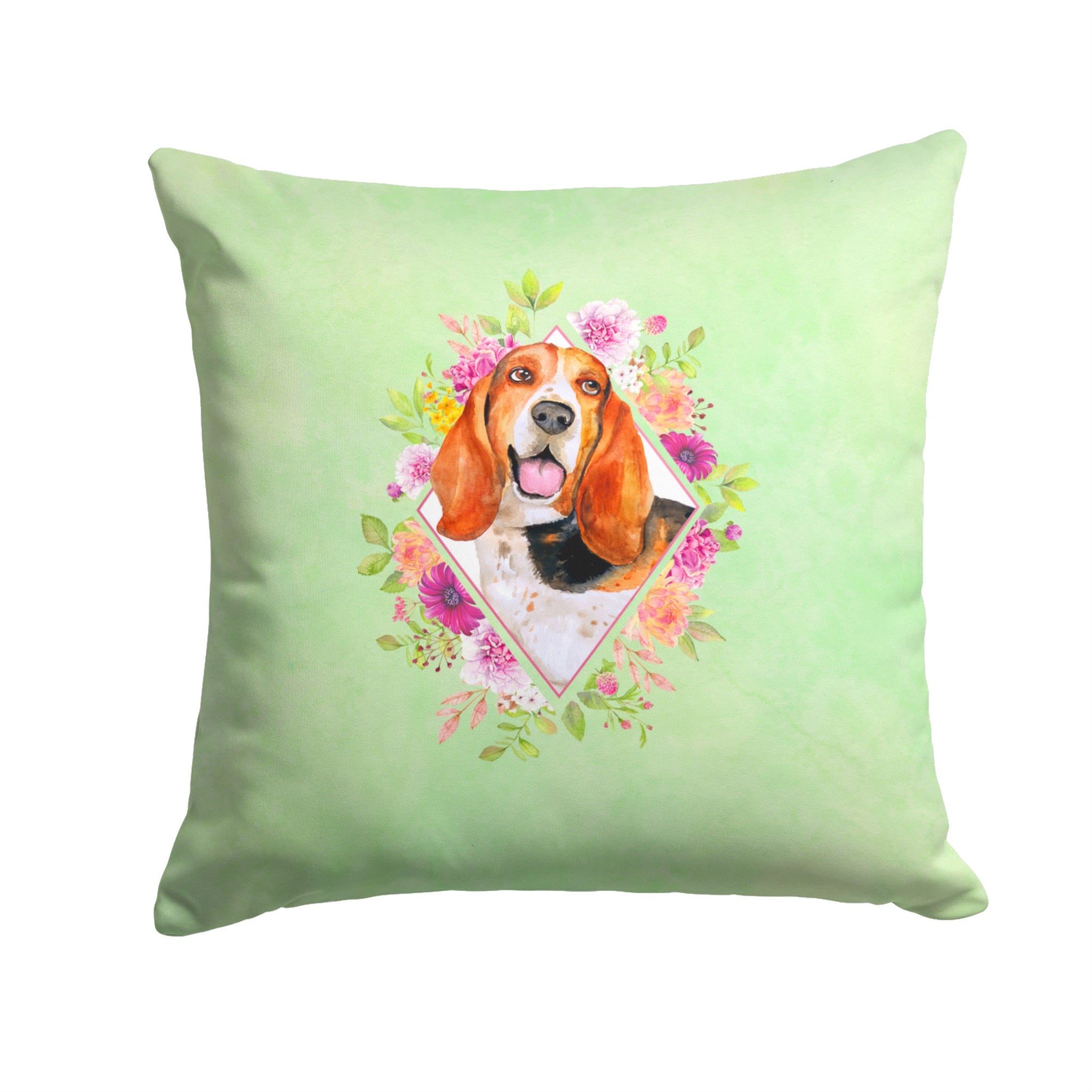 Basset Hound Green Flowers Fabric Decorative Pillow