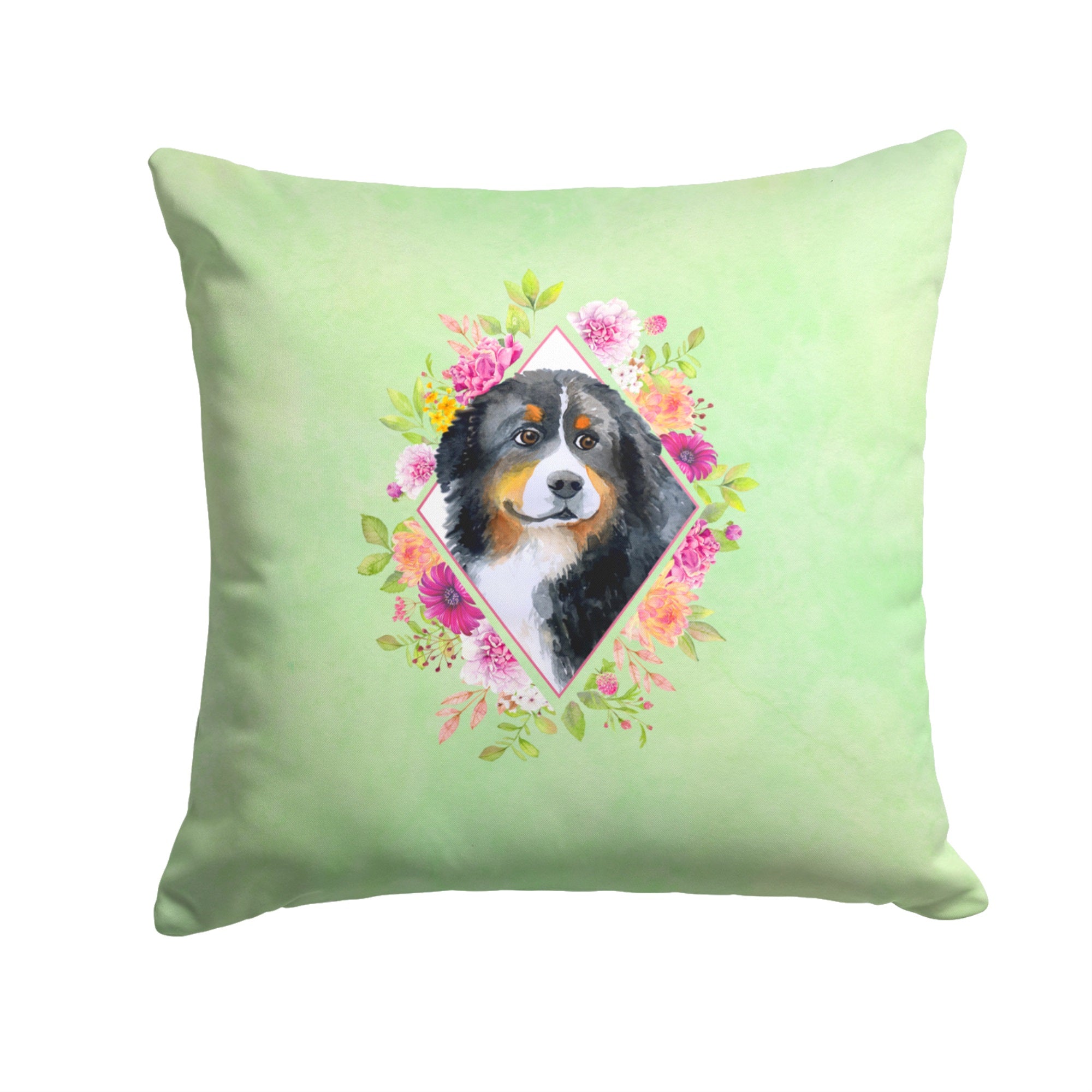 Bernese Mountain Dog Green Flowers Fabric Decorative Pillow