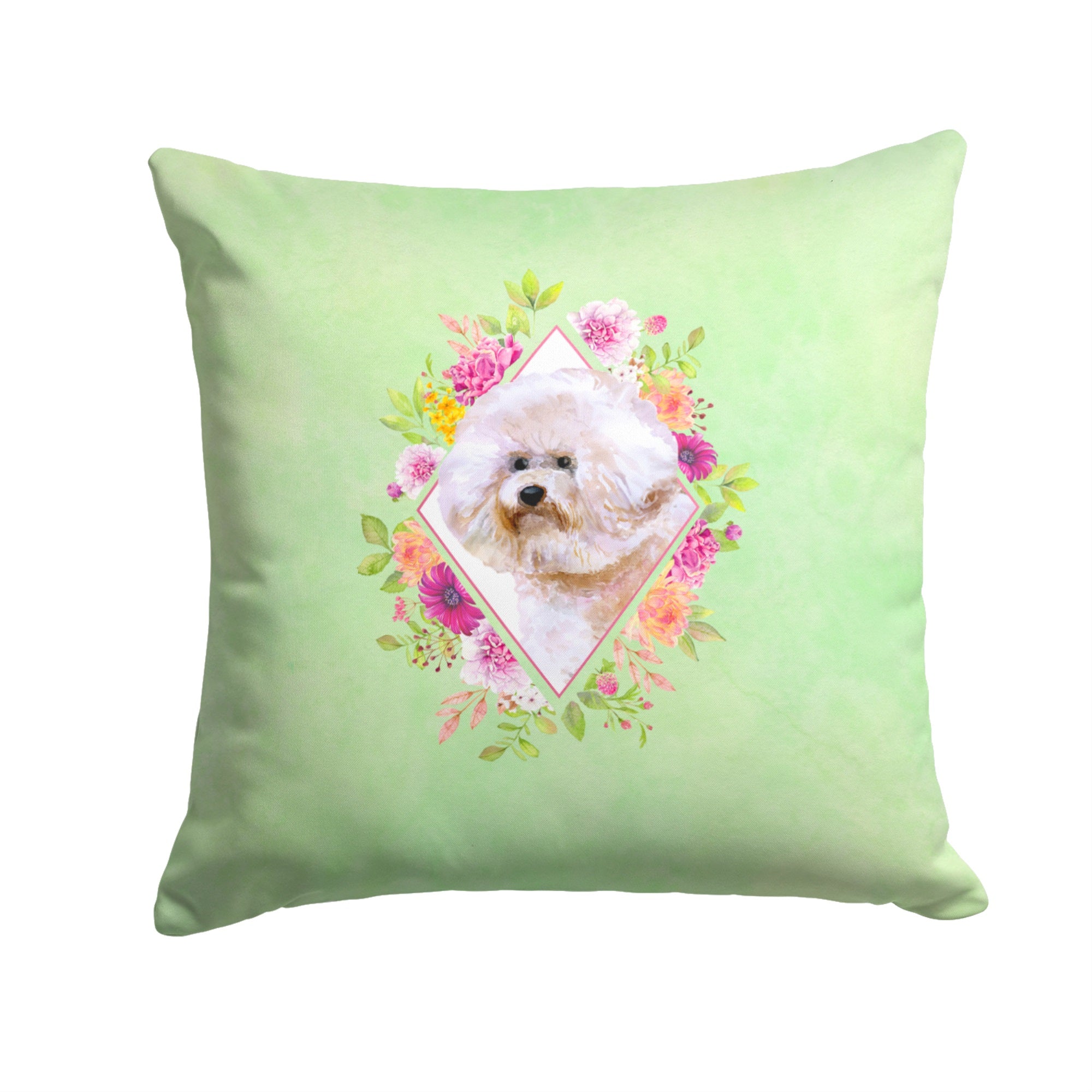 Bichon Fris #1 Green Flowers Fabric Decorative Pillow
