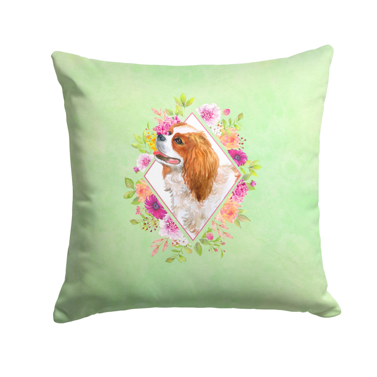 Cavalier King Charles Spaniel Green Flowers Fabric Decorative Pillow