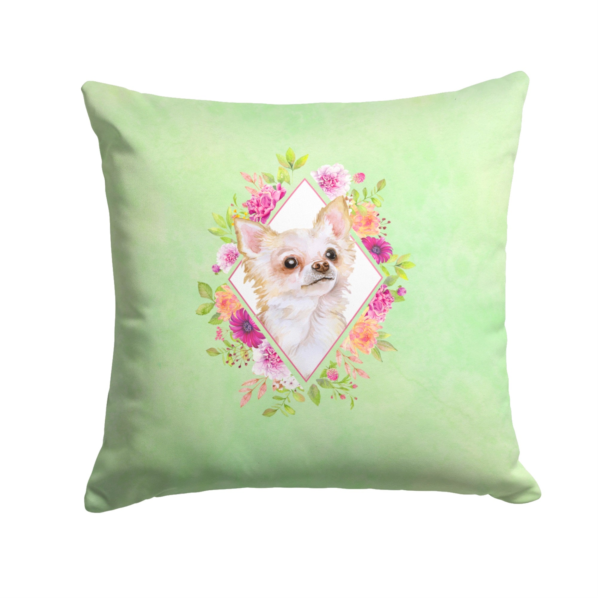 Long Hair Chihuahua Green Flowers Fabric Decorative Pillow
