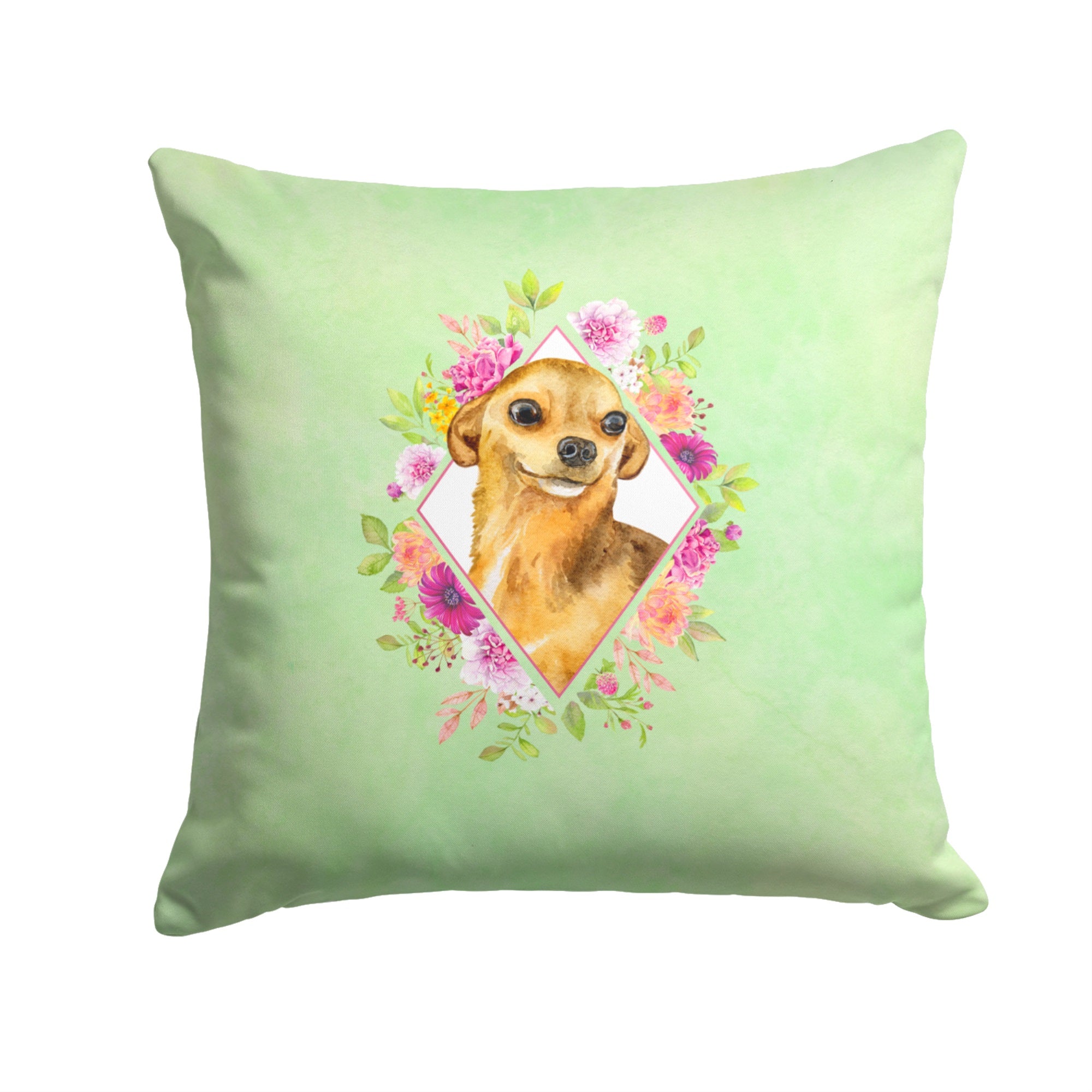 Chihuahua #1 Green Flowers Fabric Decorative Pillow