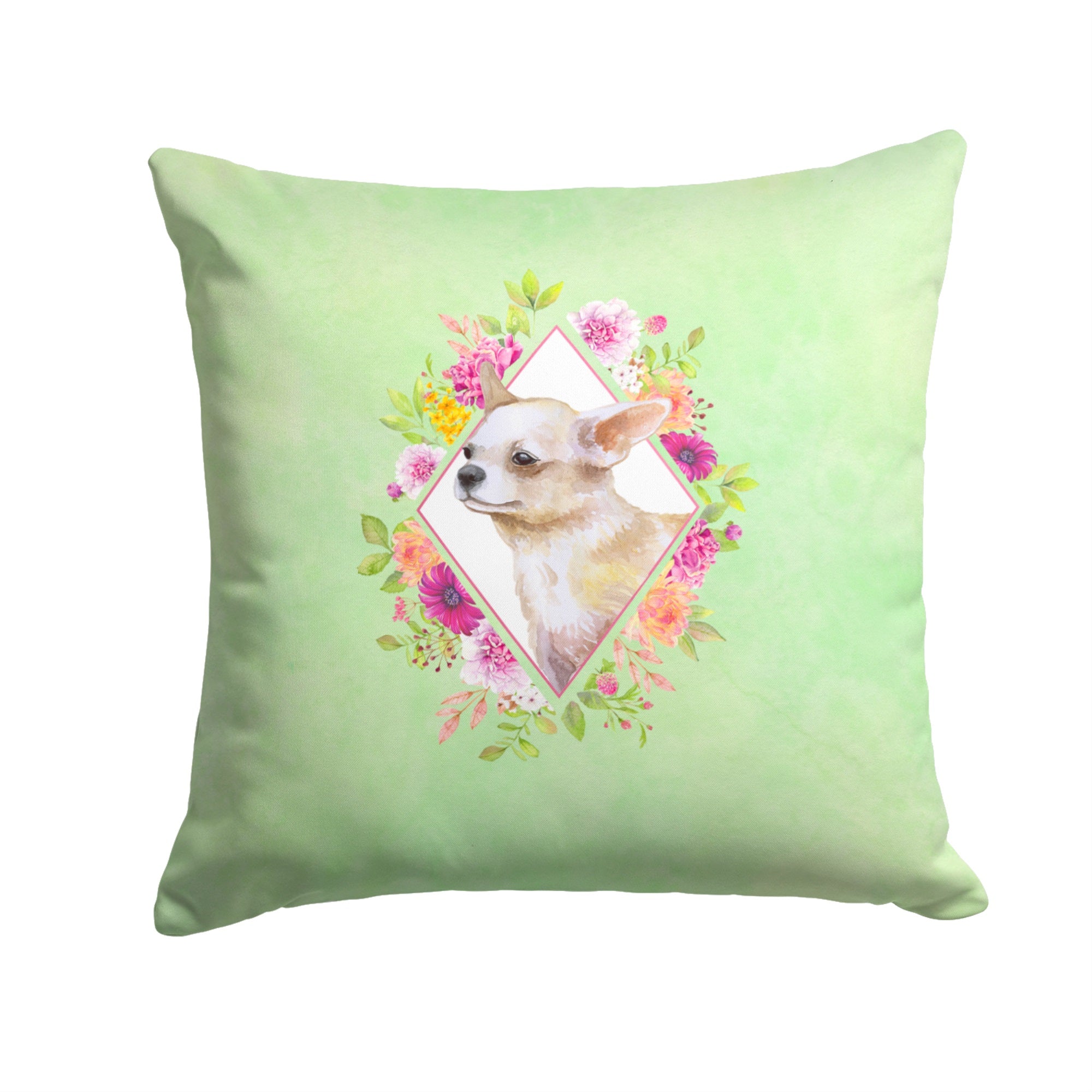 Chihuahua #2 Green Flowers Fabric Decorative Pillow