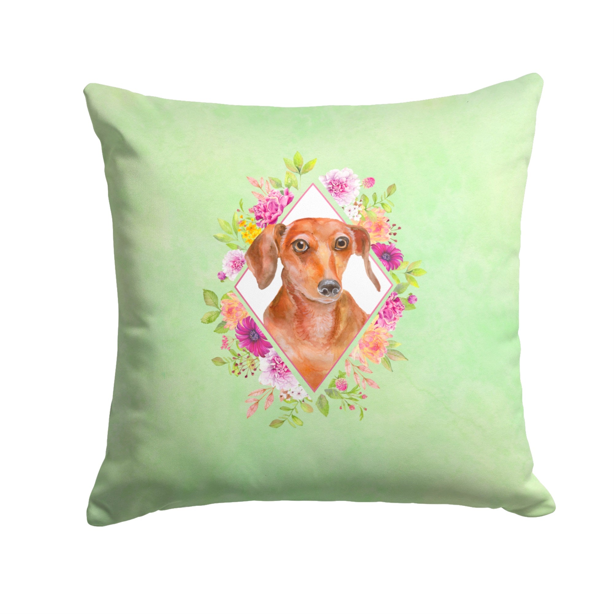 Dachshund Red #2 Green Flowers Fabric Decorative Pillow