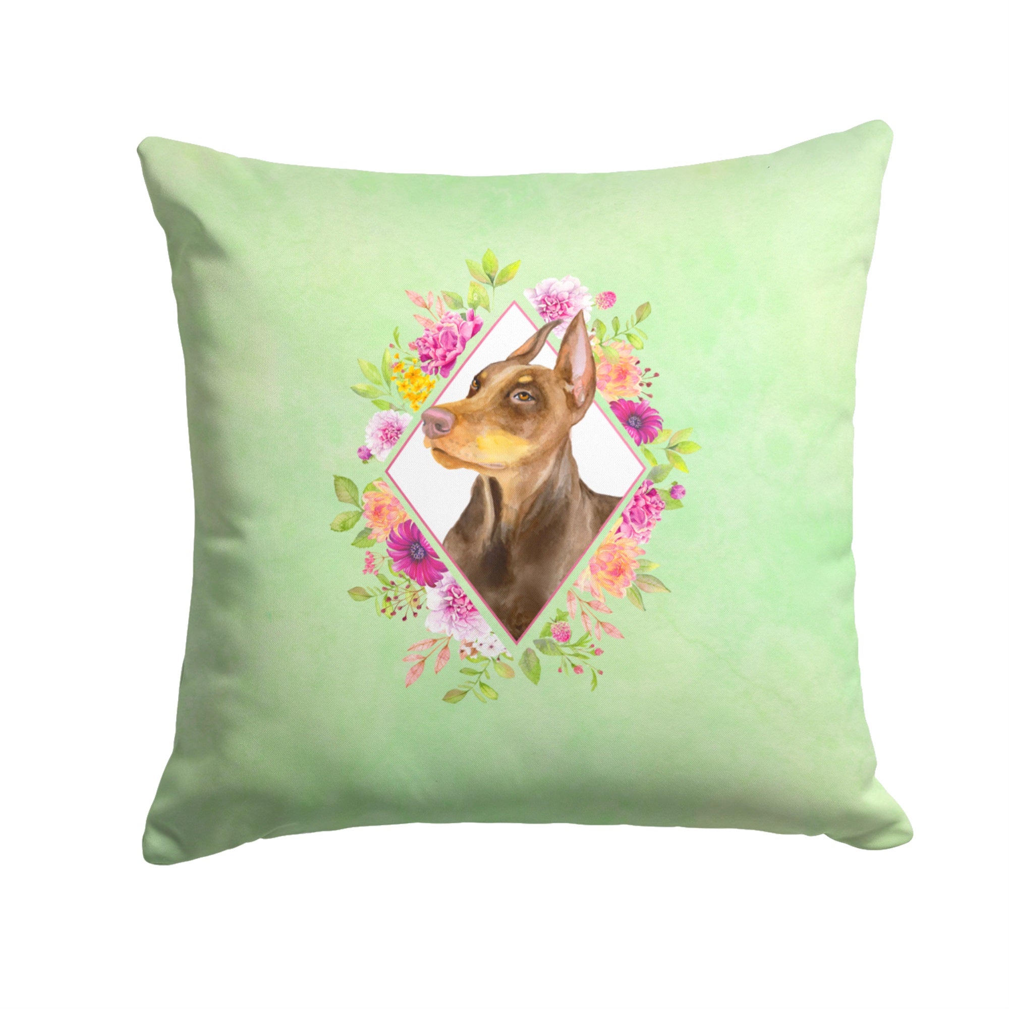 Doberman Pinscher Green Flowers Fabric Decorative Pillow