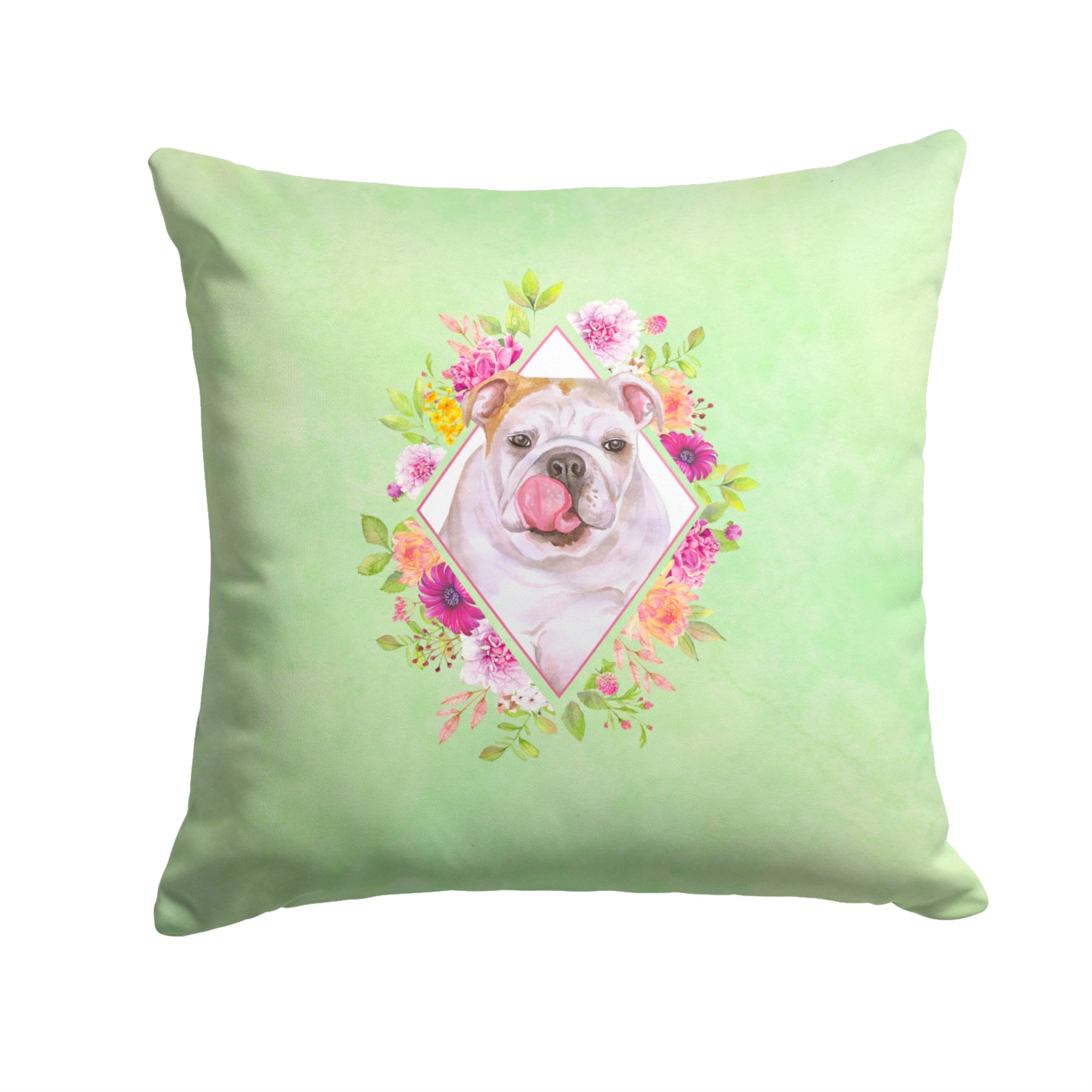 English Bulldog Green Flowers Fabric Decorative Pillow