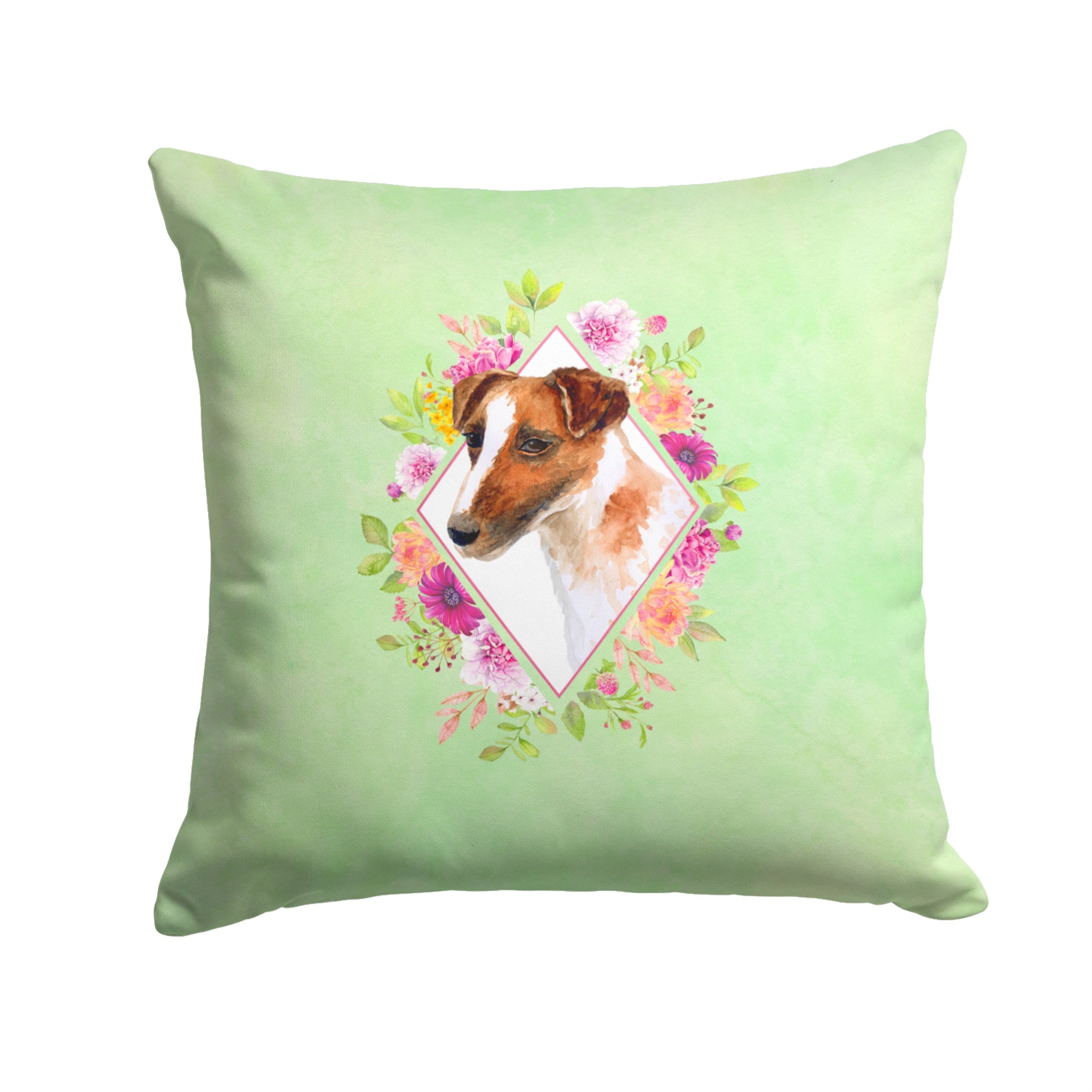 Jack Russell Terrier Green Flowers Fabric Decorative Pillow