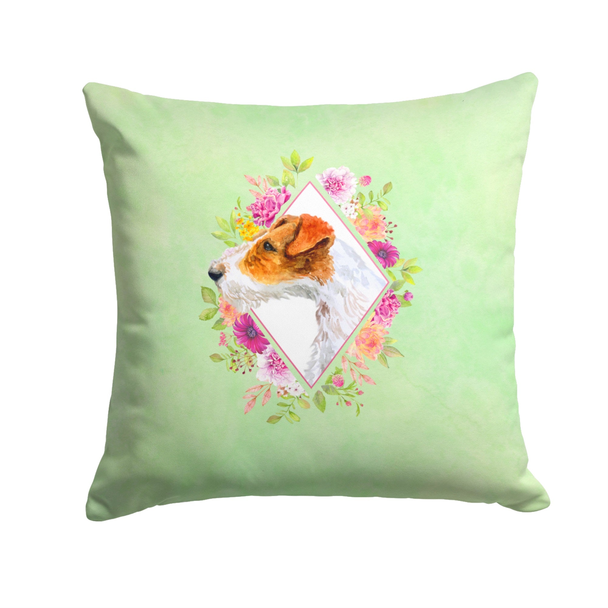 Jack Russell Terrier #2 Green Flowers Fabric Decorative Pillow