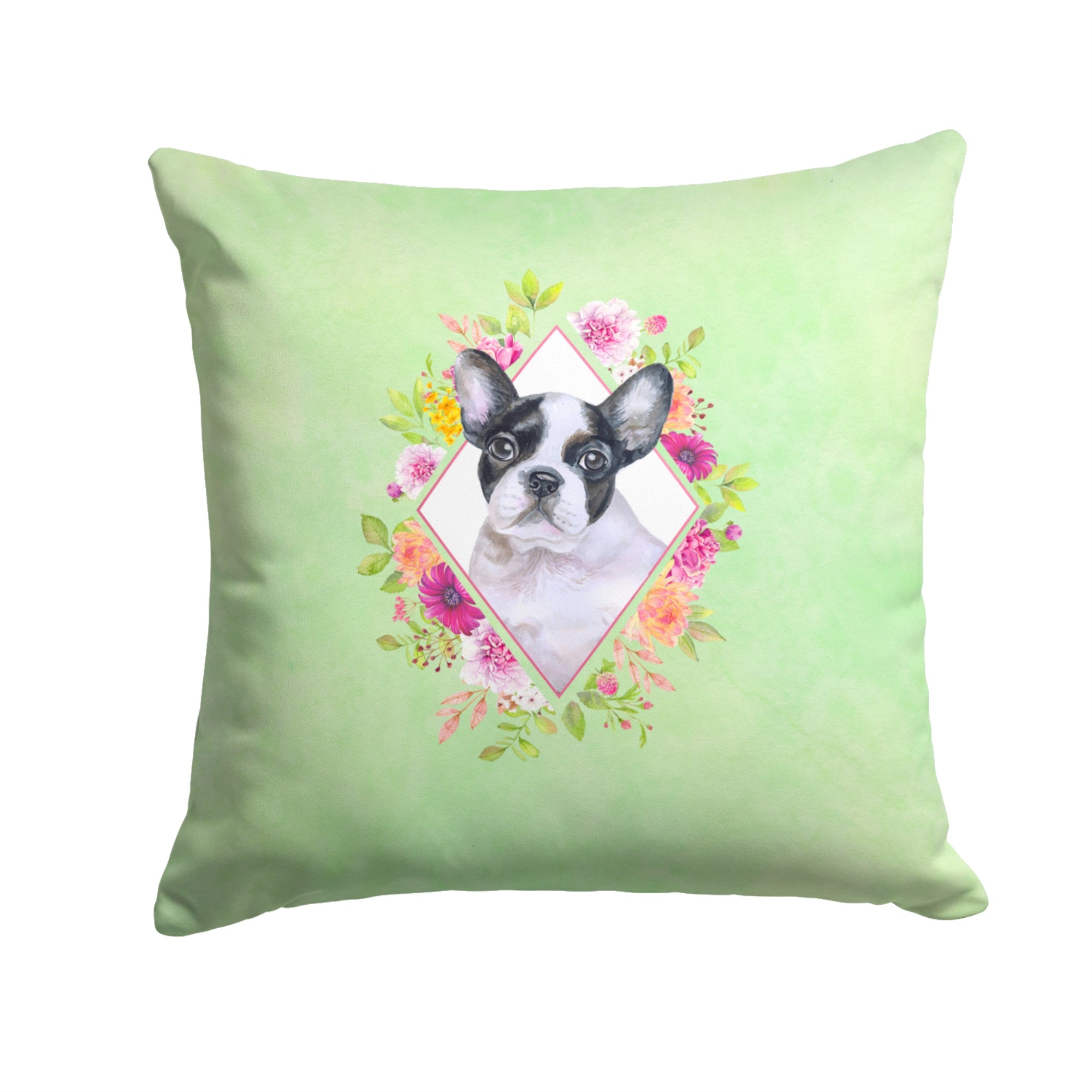 French Bulldog Green Flowers Fabric Decorative Pillow