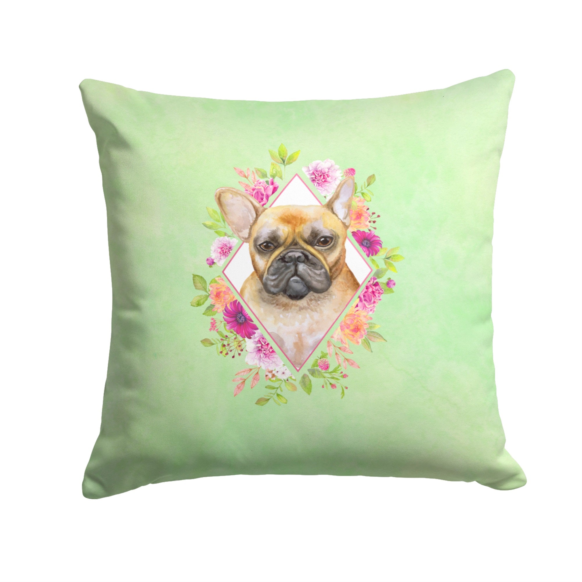 Fawn French Bulldog Green Flowers Fabric Decorative Pillow