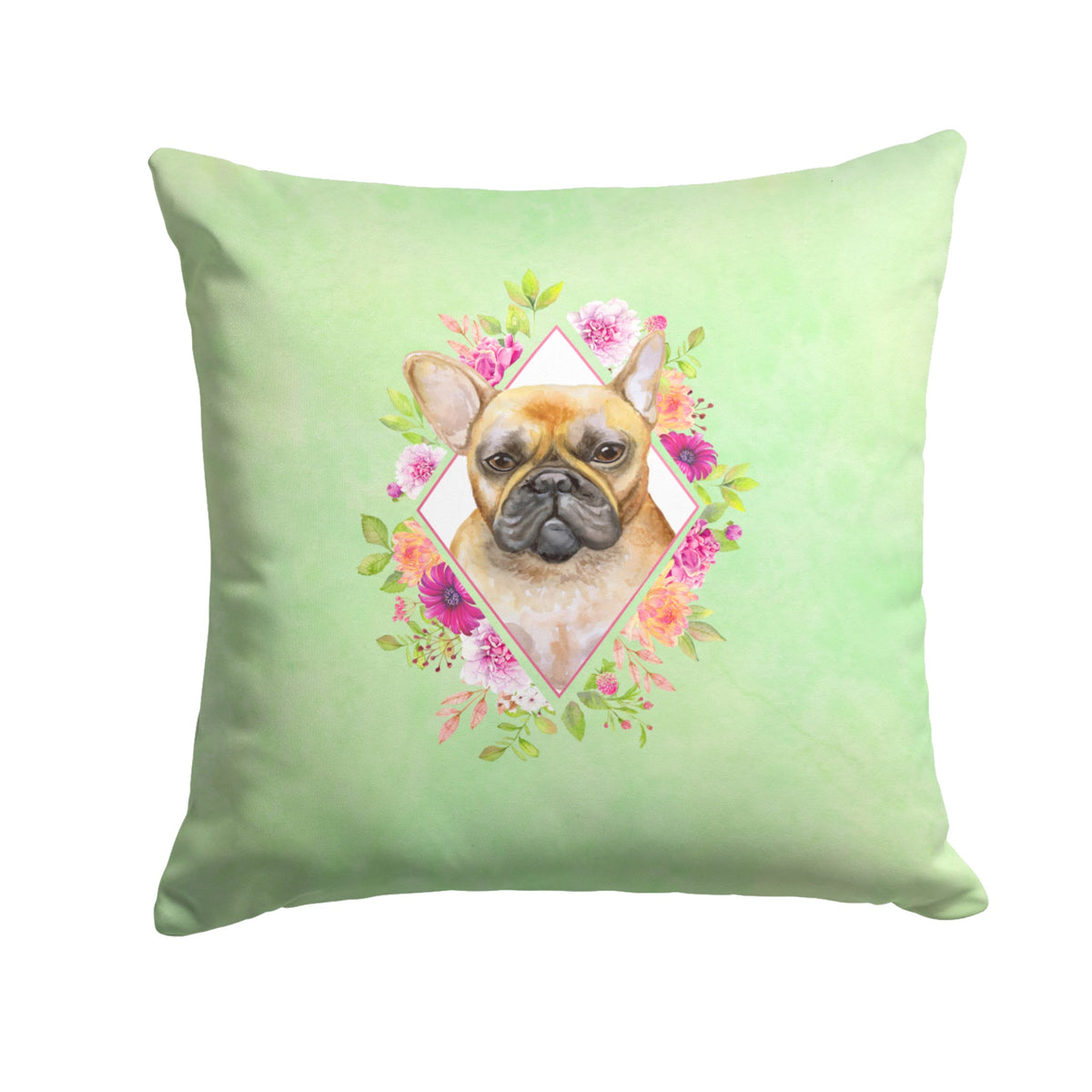Fawn French Bulldog Green Flowers Fabric Decorative Pillow