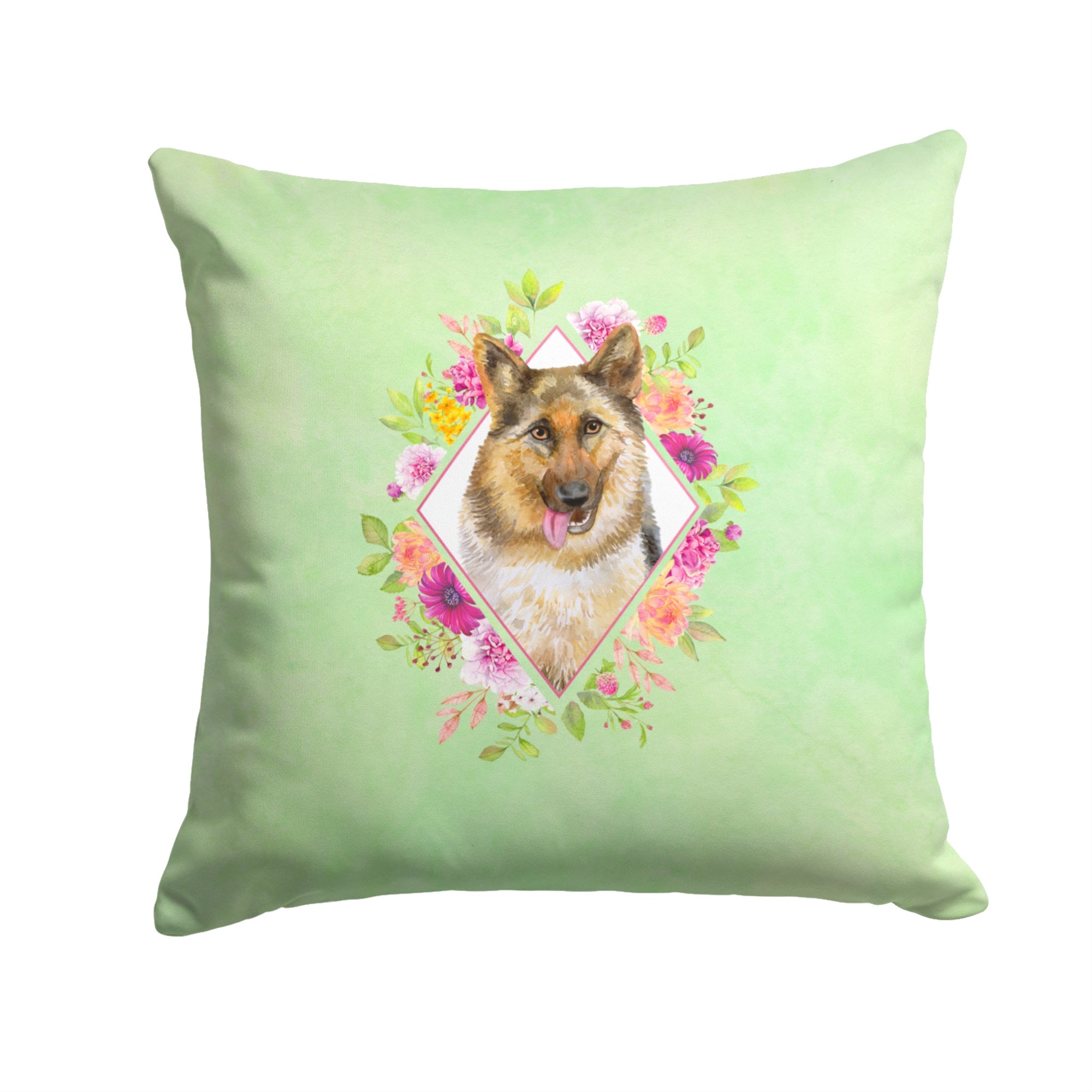 German Shepherd #1 Green Flowers Fabric Decorative Pillow