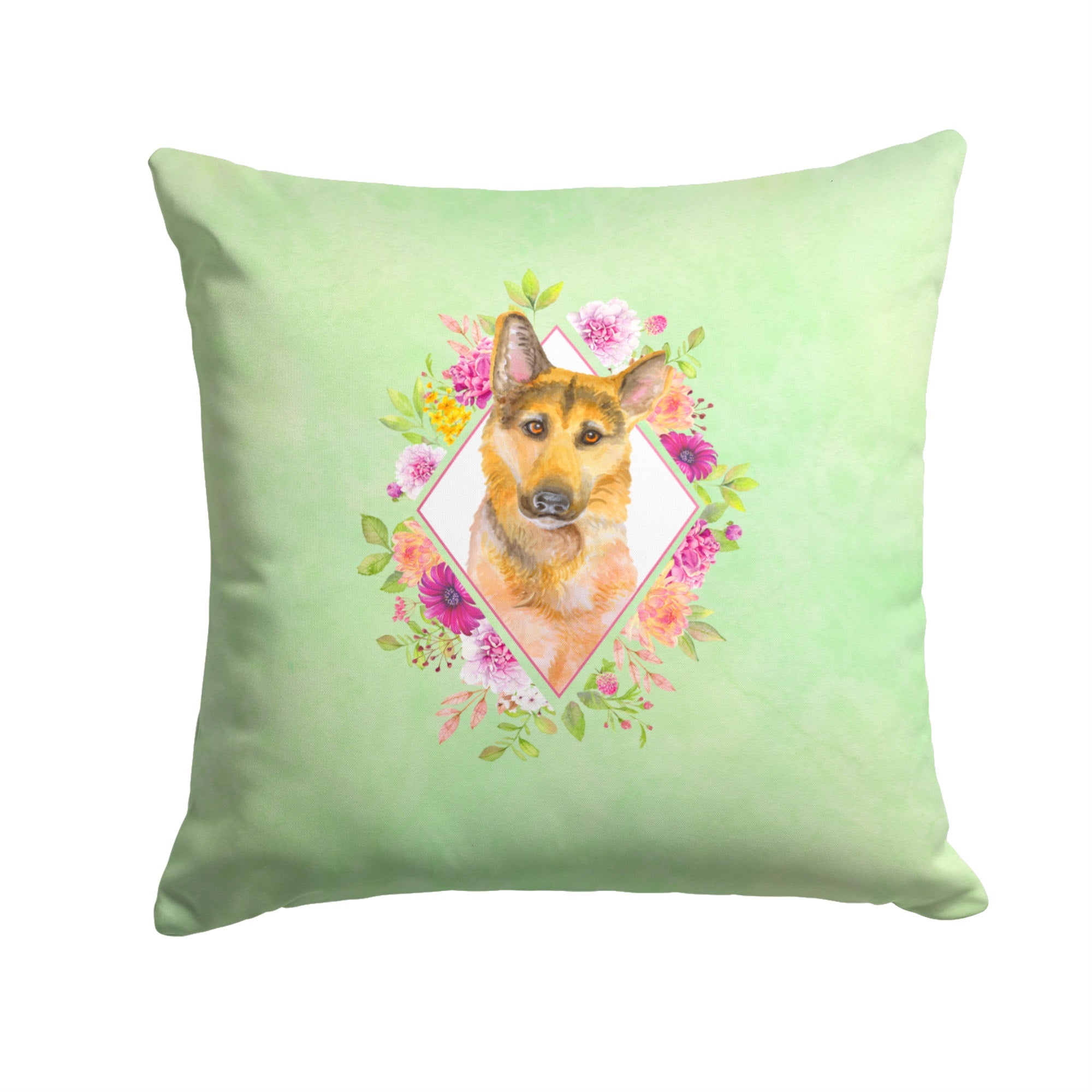 German Shepherd #2 Green Flowers Fabric Decorative Pillow
