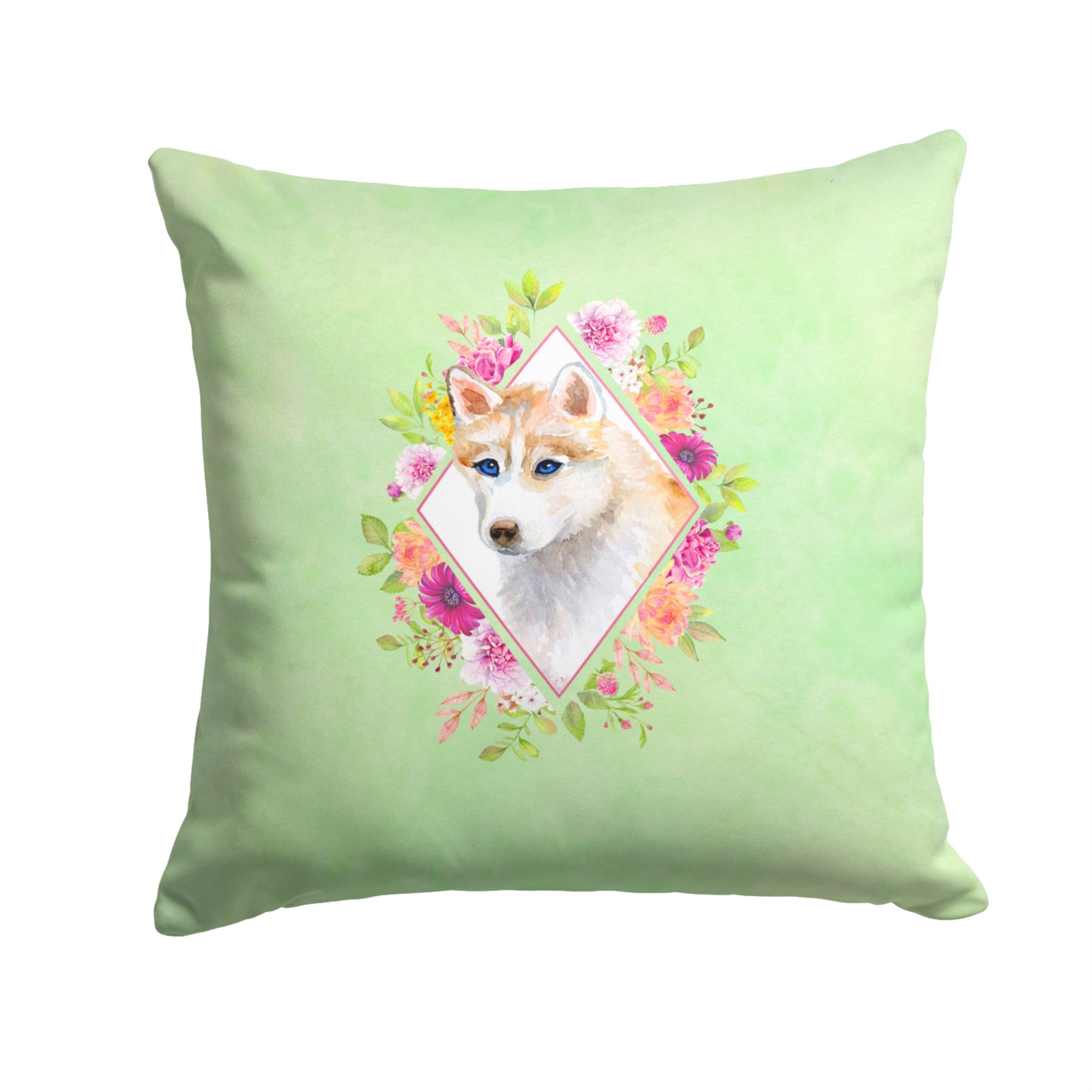 Red Siberian Husky Green Flowers Fabric Decorative Pillow