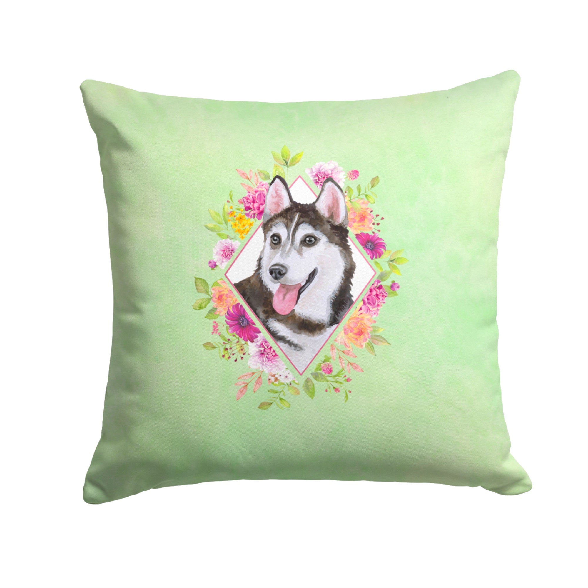 Siberian Husky #1 Green Flowers Fabric Decorative Pillow