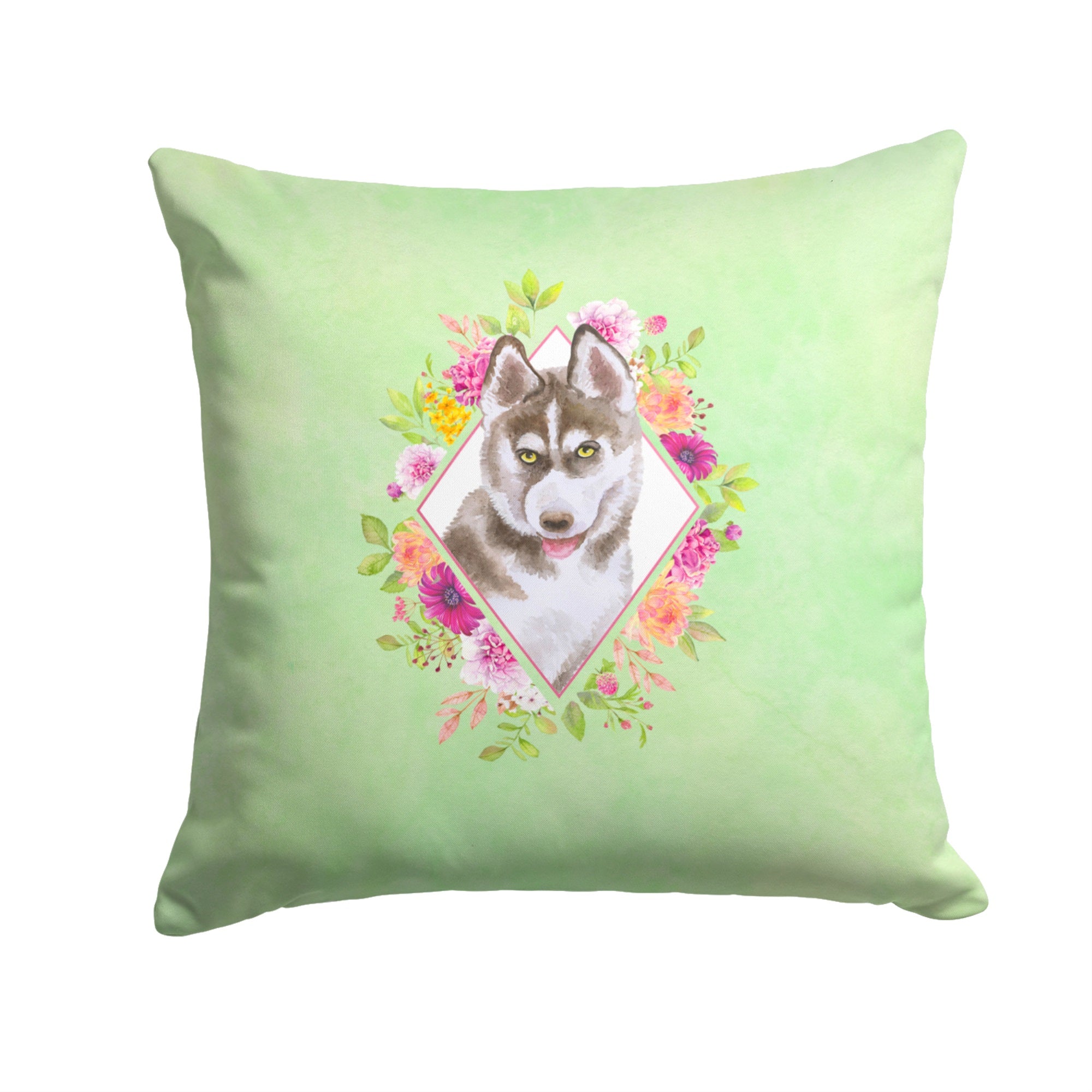 Siberian Husky #2 Green Flowers Fabric Decorative Pillow