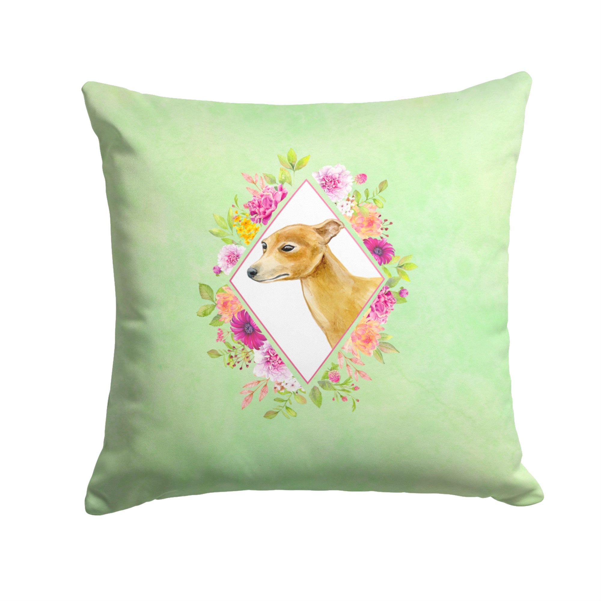 Italian Greyhound Green Flowers Fabric Decorative Pillow