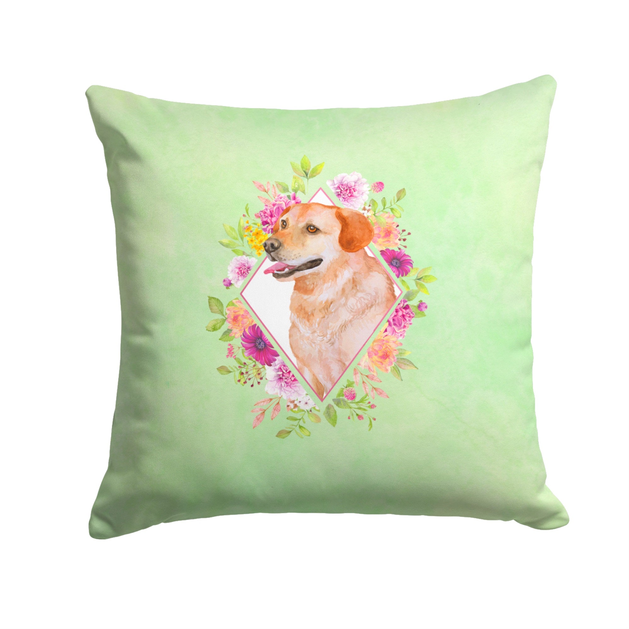 Yellow Labrador Retriever Green Flowers Fabric Decorative Pillow