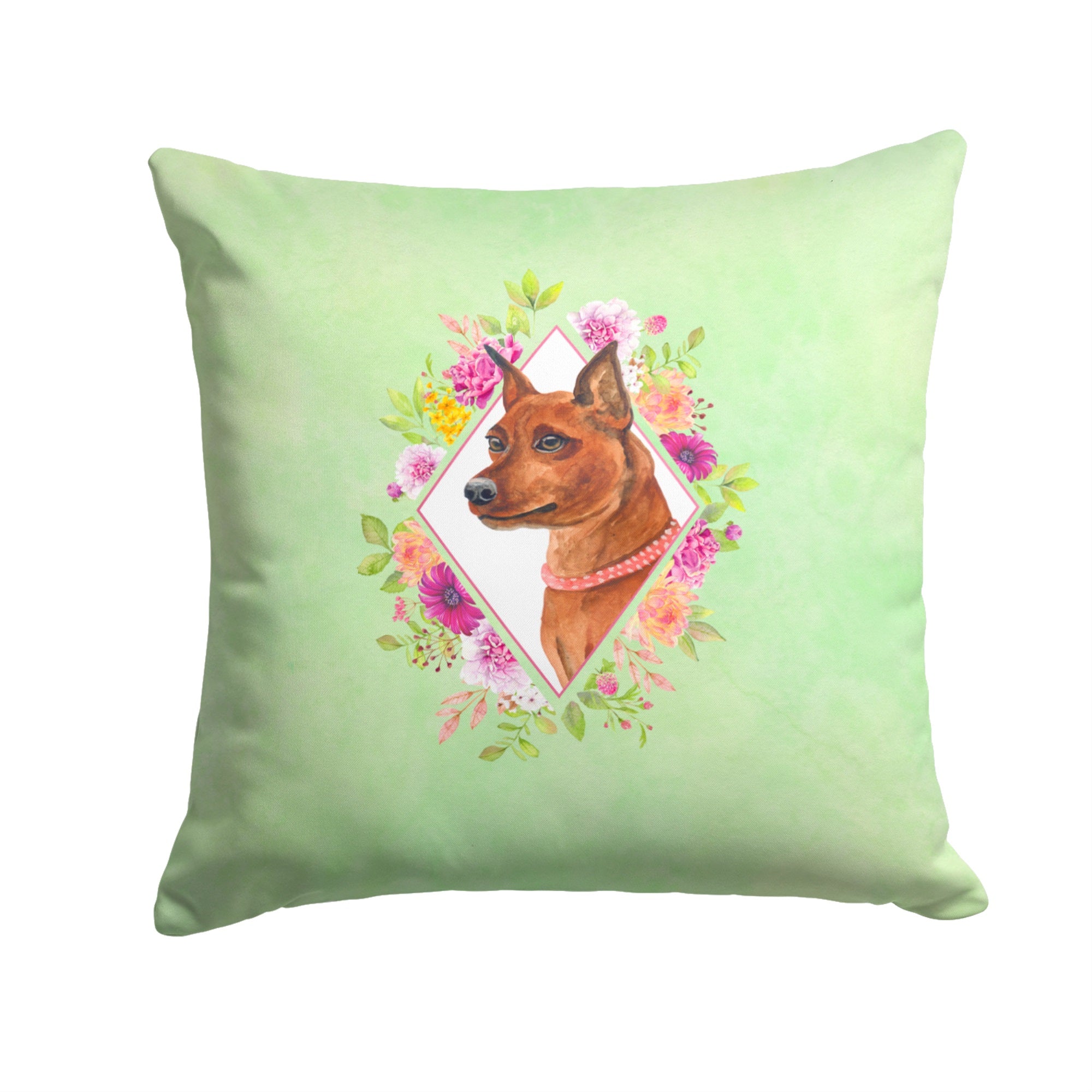 Miniature Pinscher Green Flowers Fabric Decorative Pillow