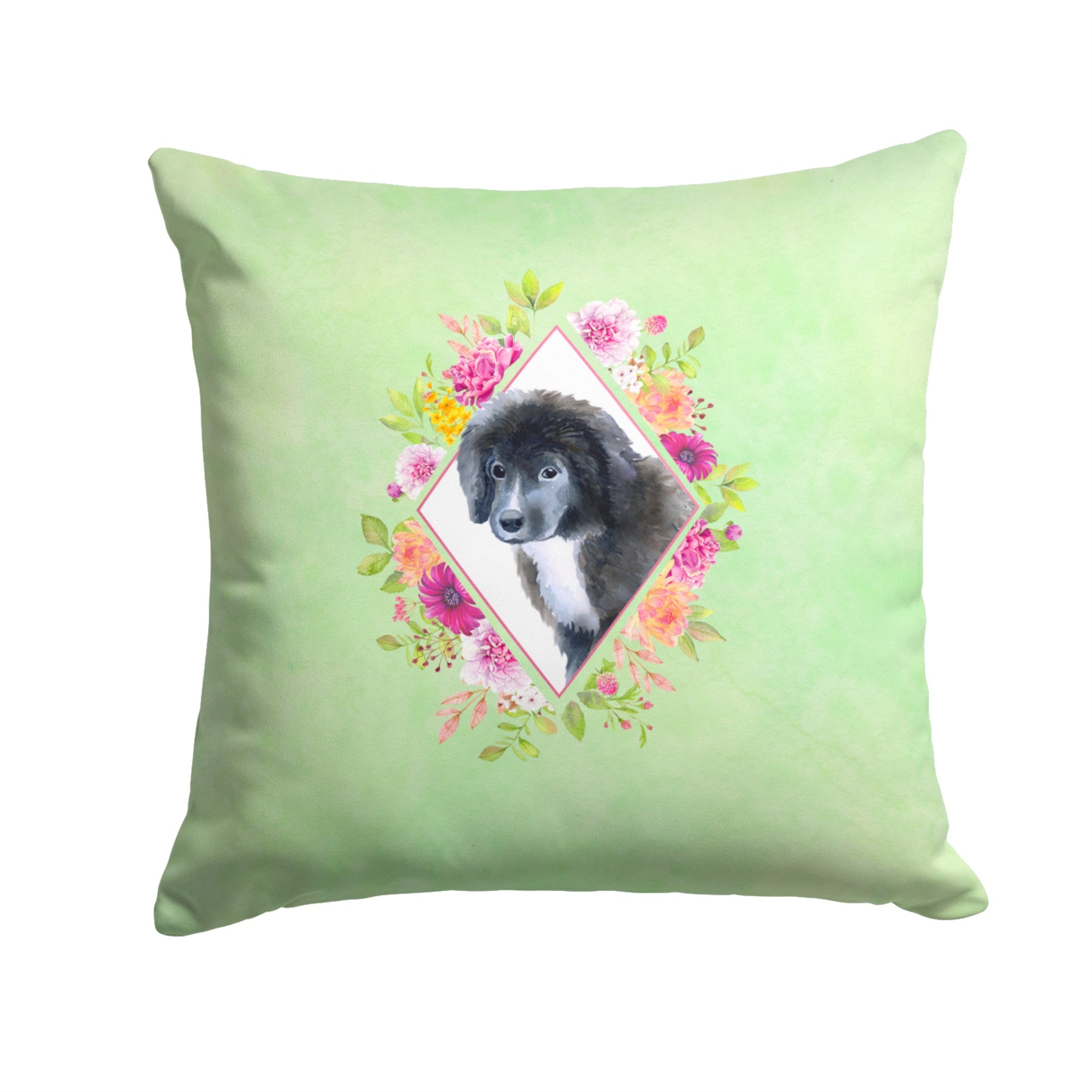 Newfoundland Puppy Green Flowers Fabric Decorative Pillow