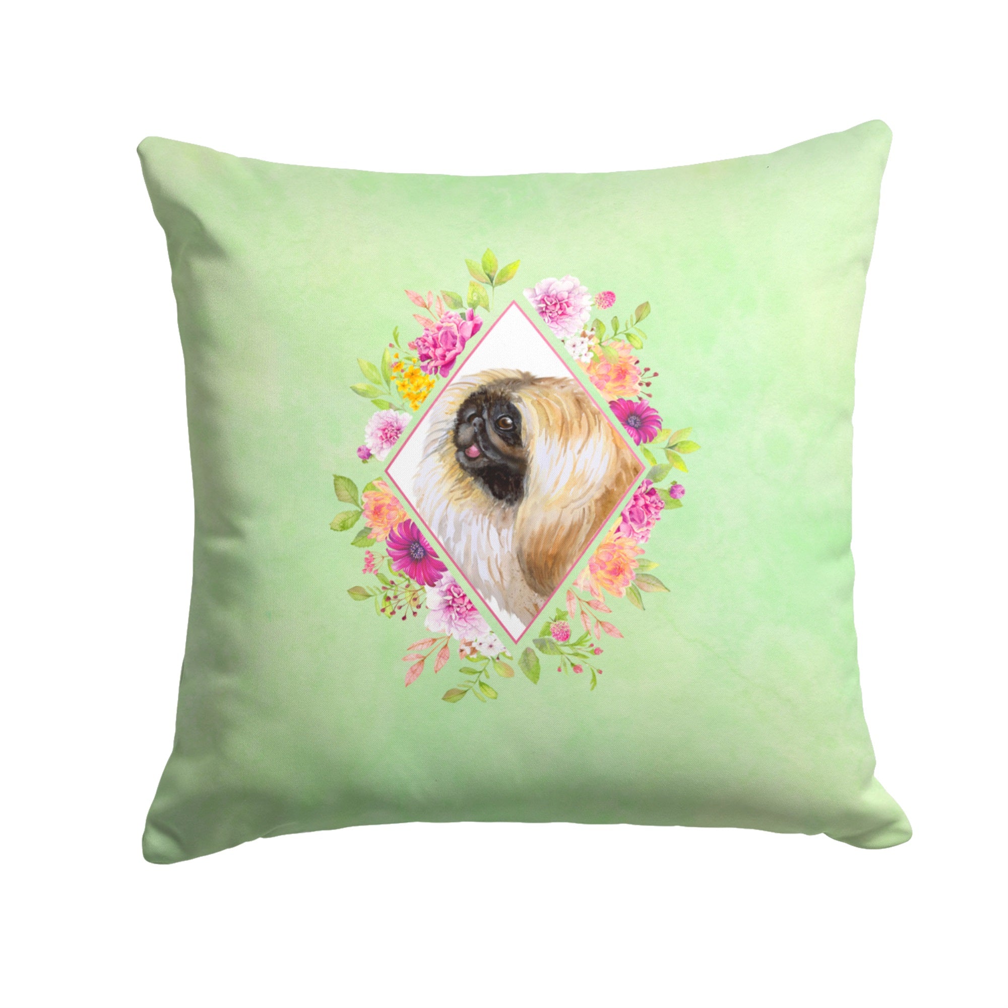 Pekingese Green Flowers Fabric Decorative Pillow